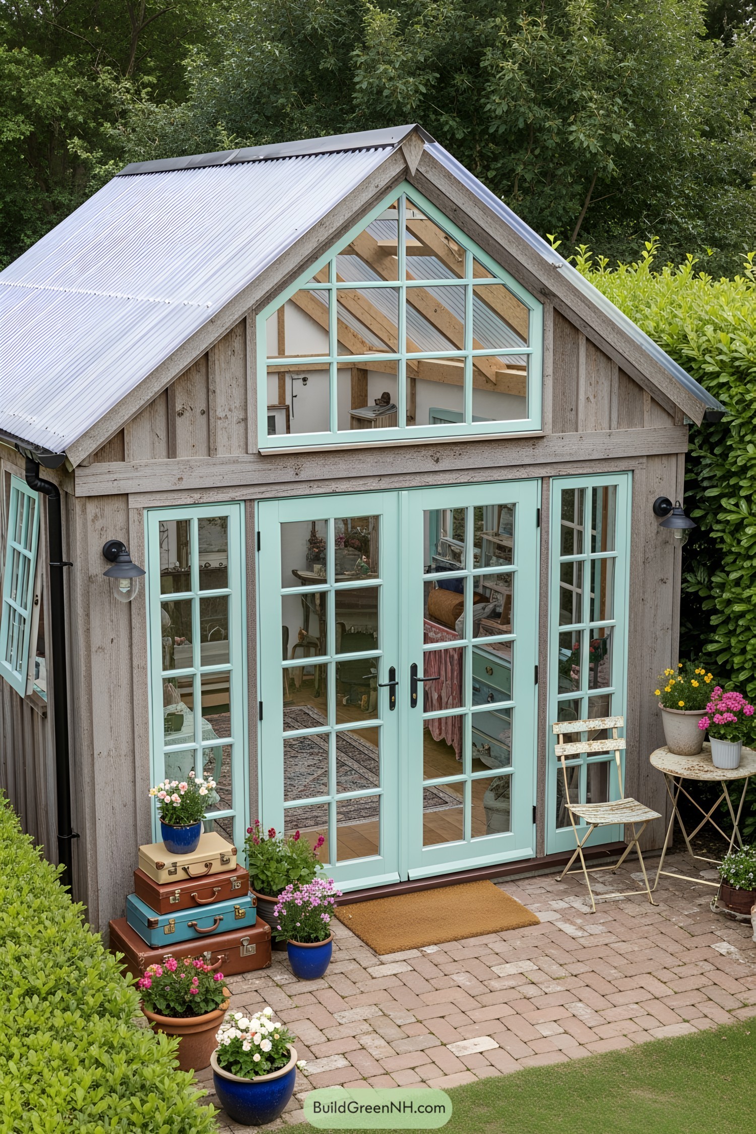 Charming garden shed with large windows and inviting door