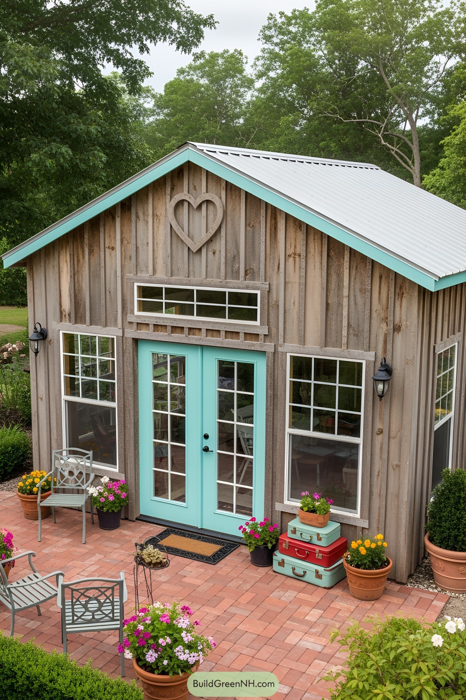 Small wooden shed with teal accents and vibrant potted flowers