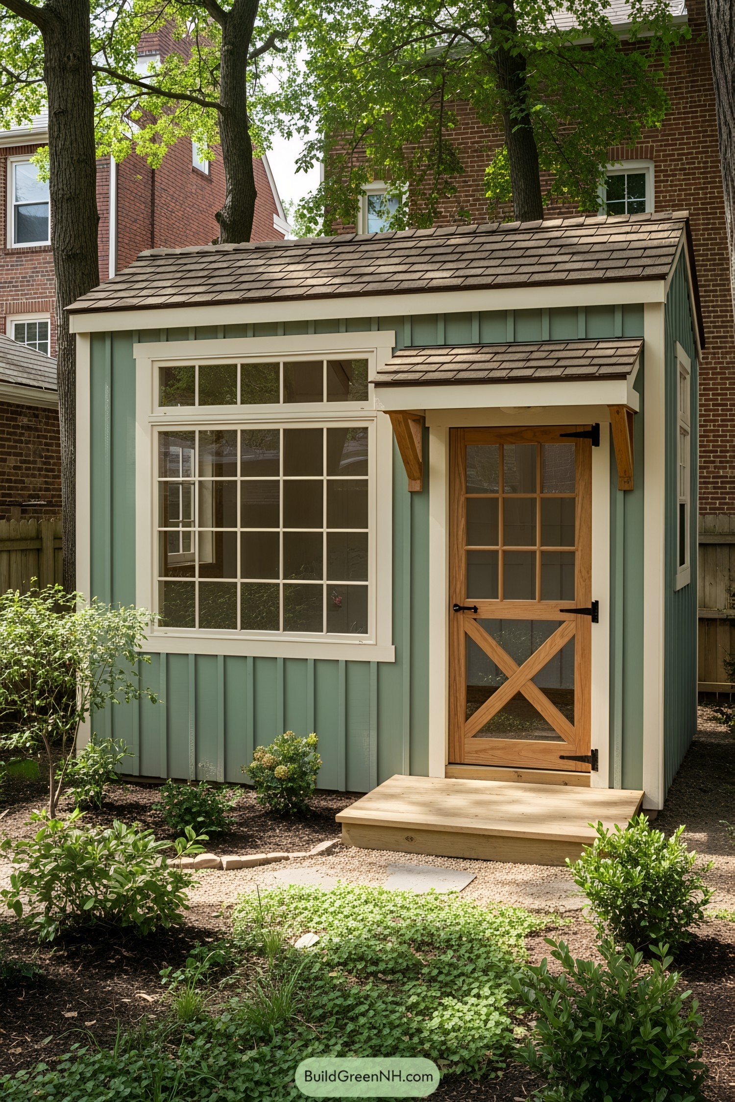 Small green shed with wooden door and large window