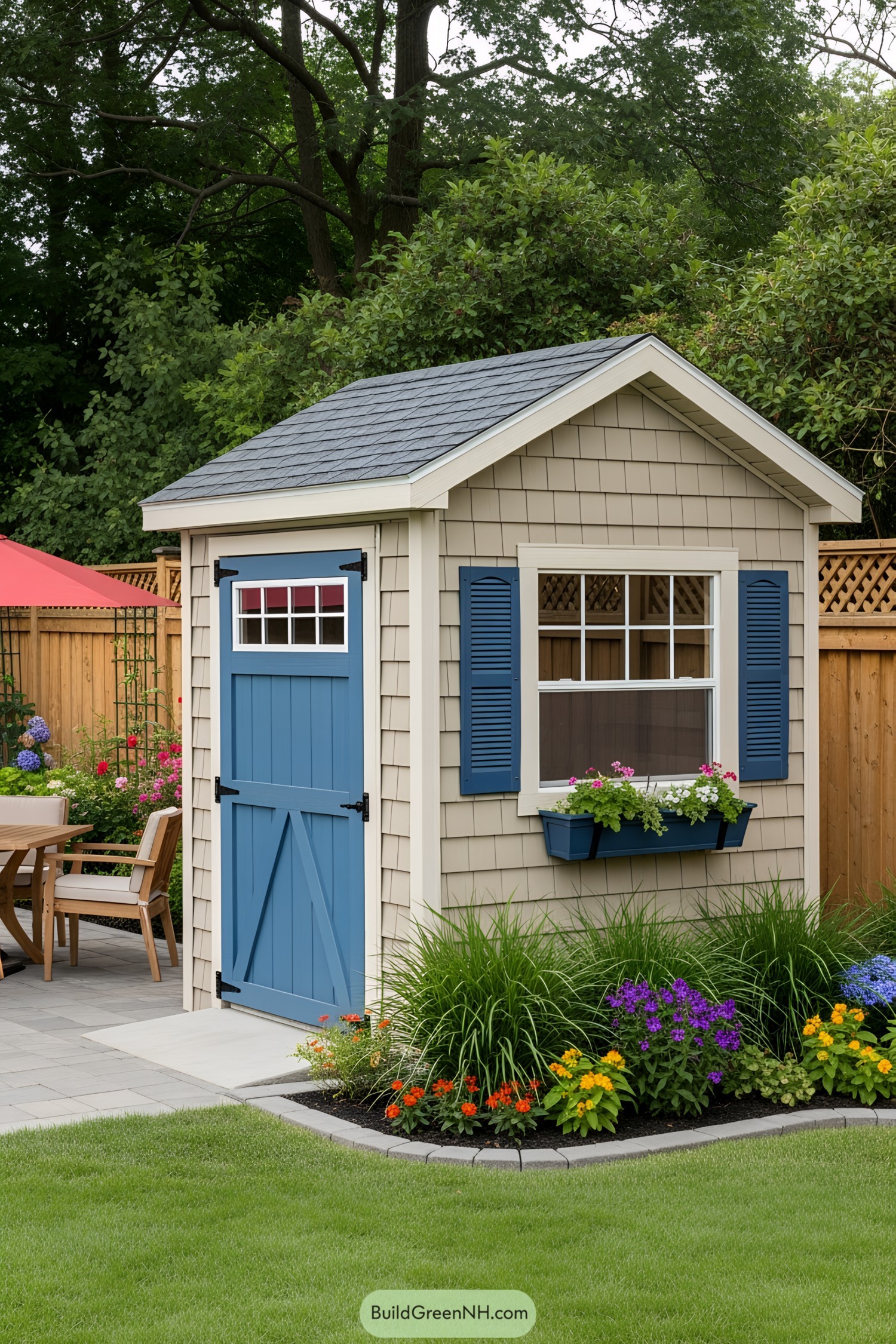 Compact wooden shed with a blue door surrounded by colorful flowers