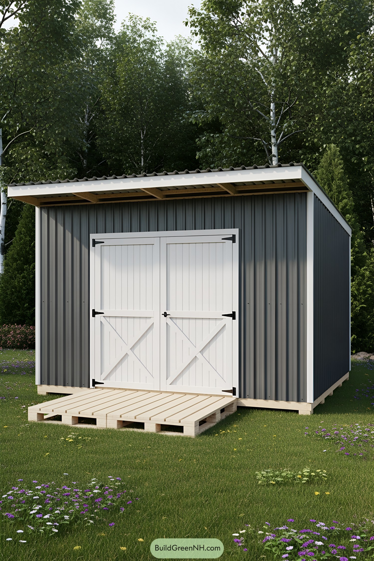 Gray metal shed with white double doors in lush garden
