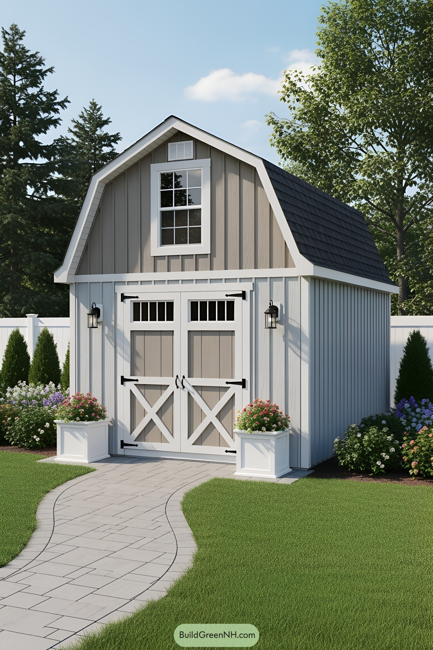 Stylish backyard shed with barn-style doors and a loft window