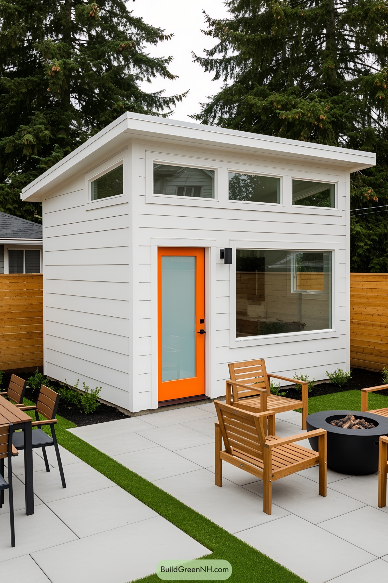 Modern backyard shed with orange door