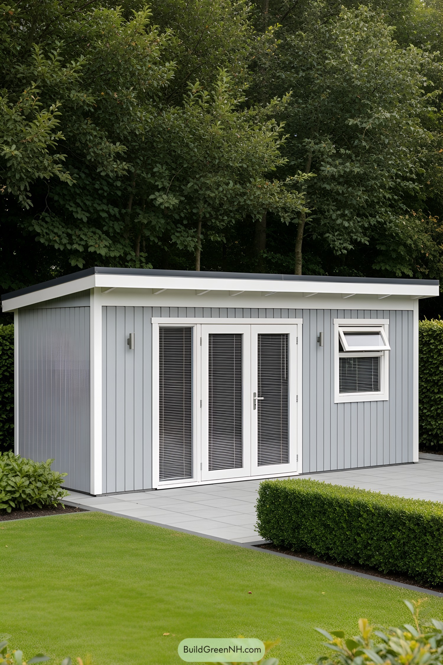 Sleek gray backyard shed with modern design