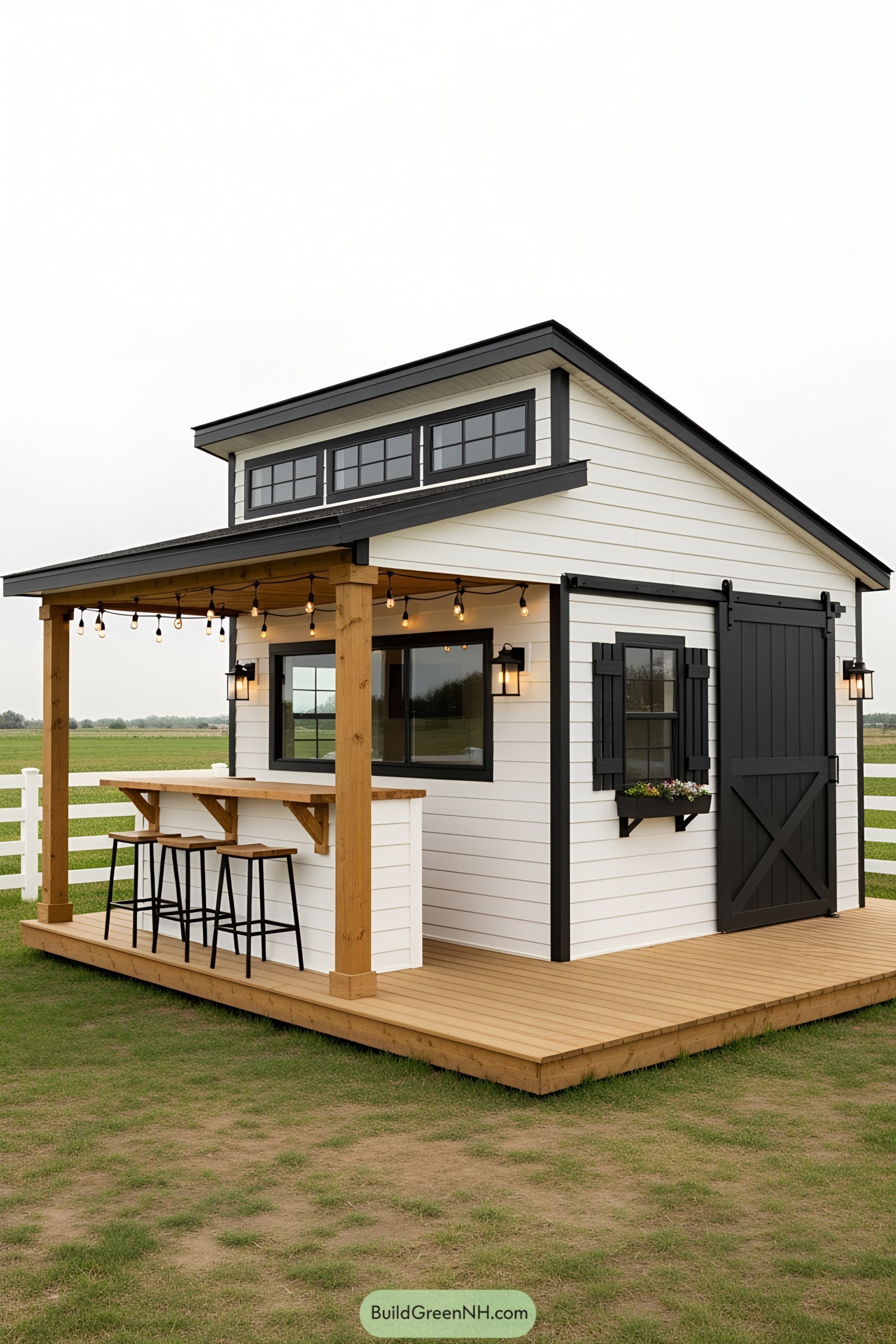 Charming white shed with black accents and a wooden deck