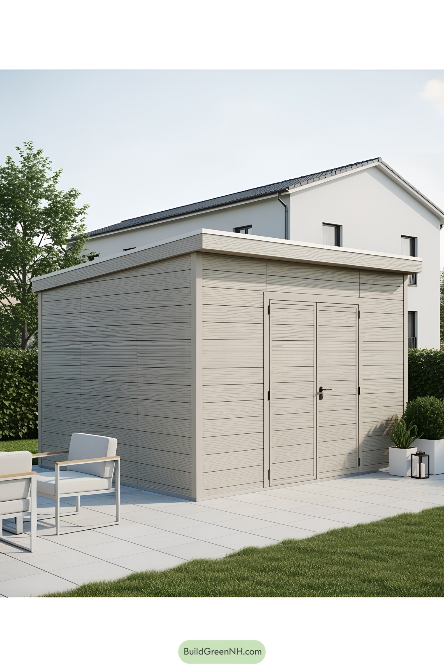 Modern shed with beige panels and patio seating