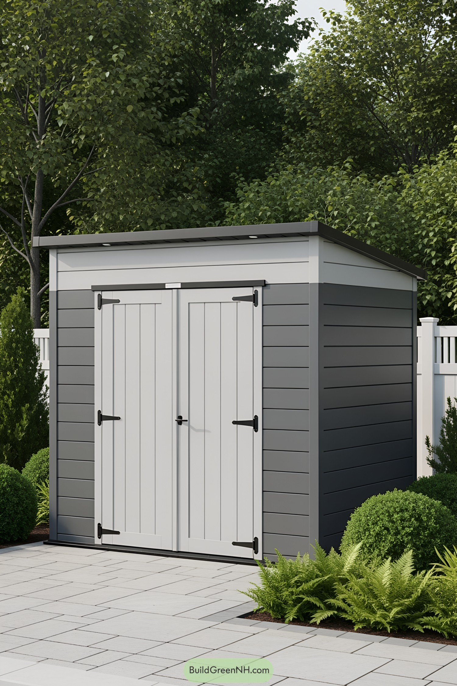 A modern backyard shed with gray siding and white details