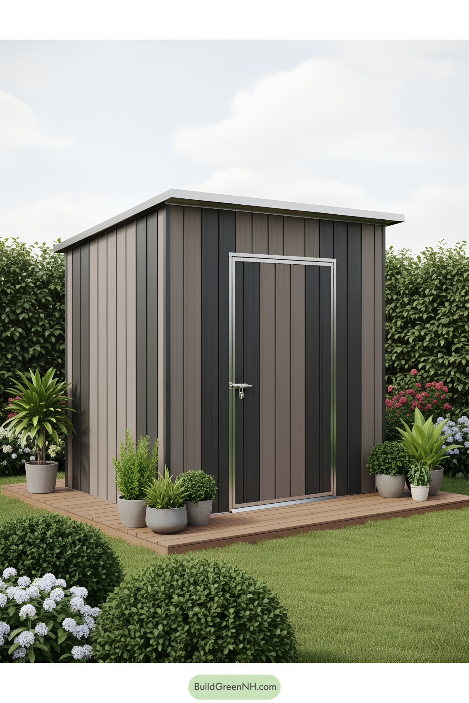 Simple modern shed with potted plants