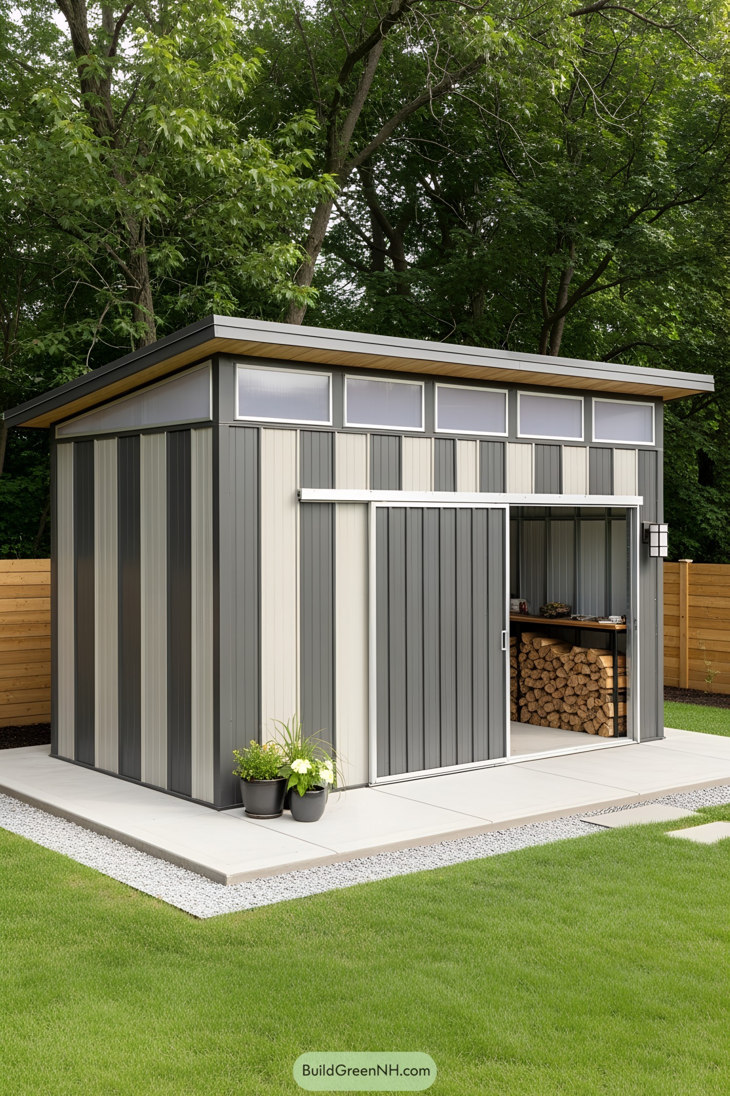 Modern backyard shed with open siding and woodpile