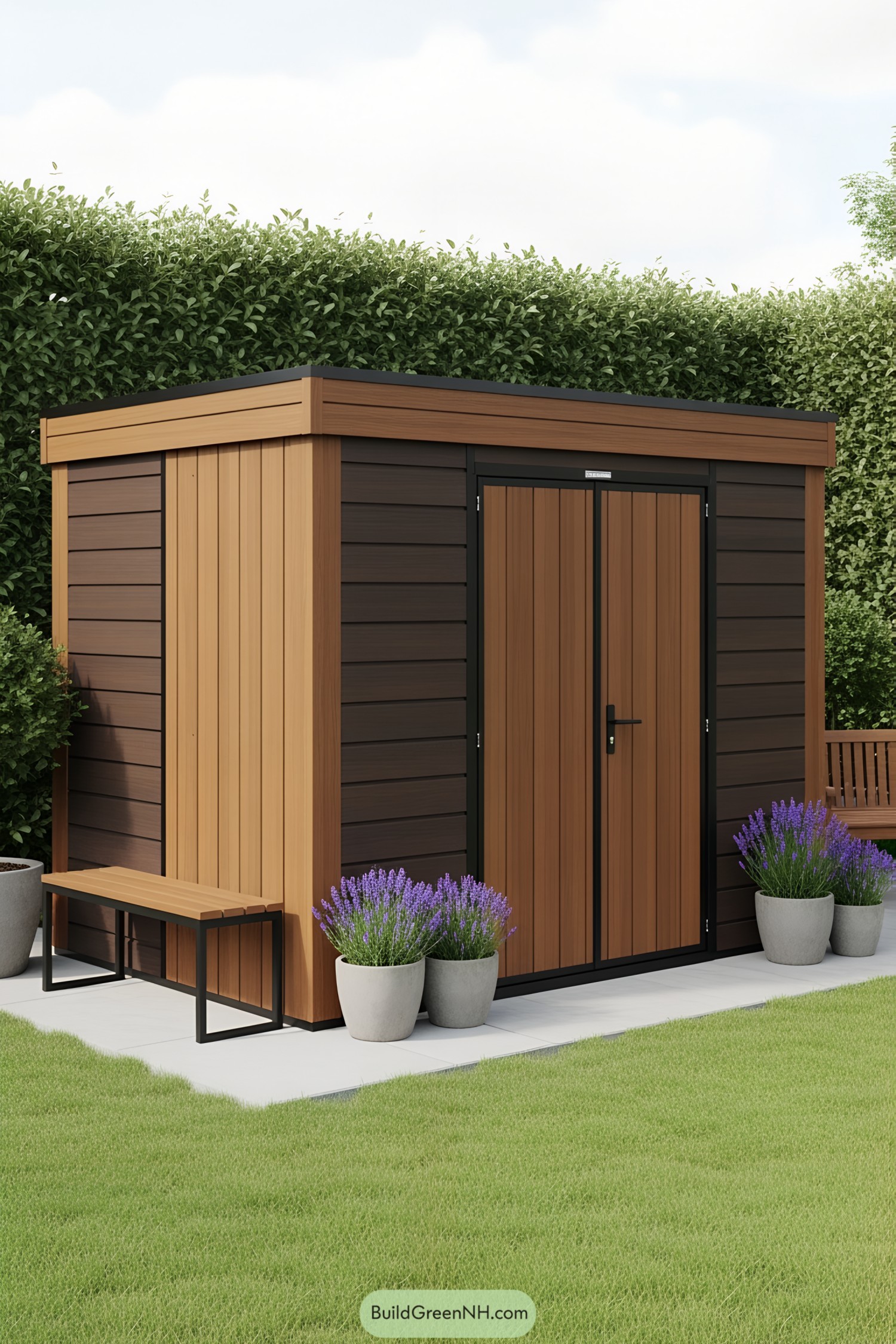 Compact wooden shed with purple flowers