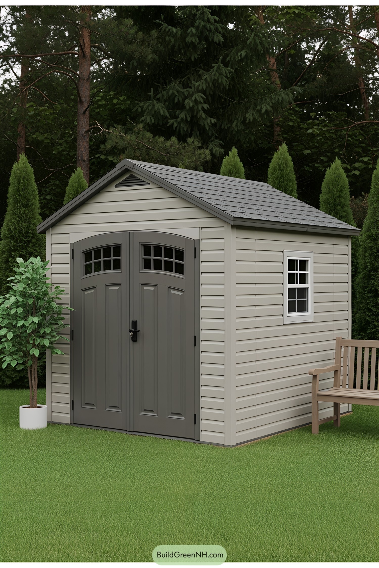 Gray and Beige Shed with Bench