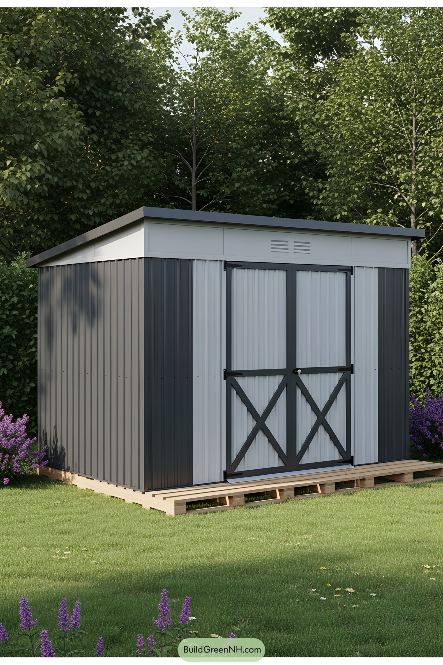 A sleek metal shed surrounded by greenery
