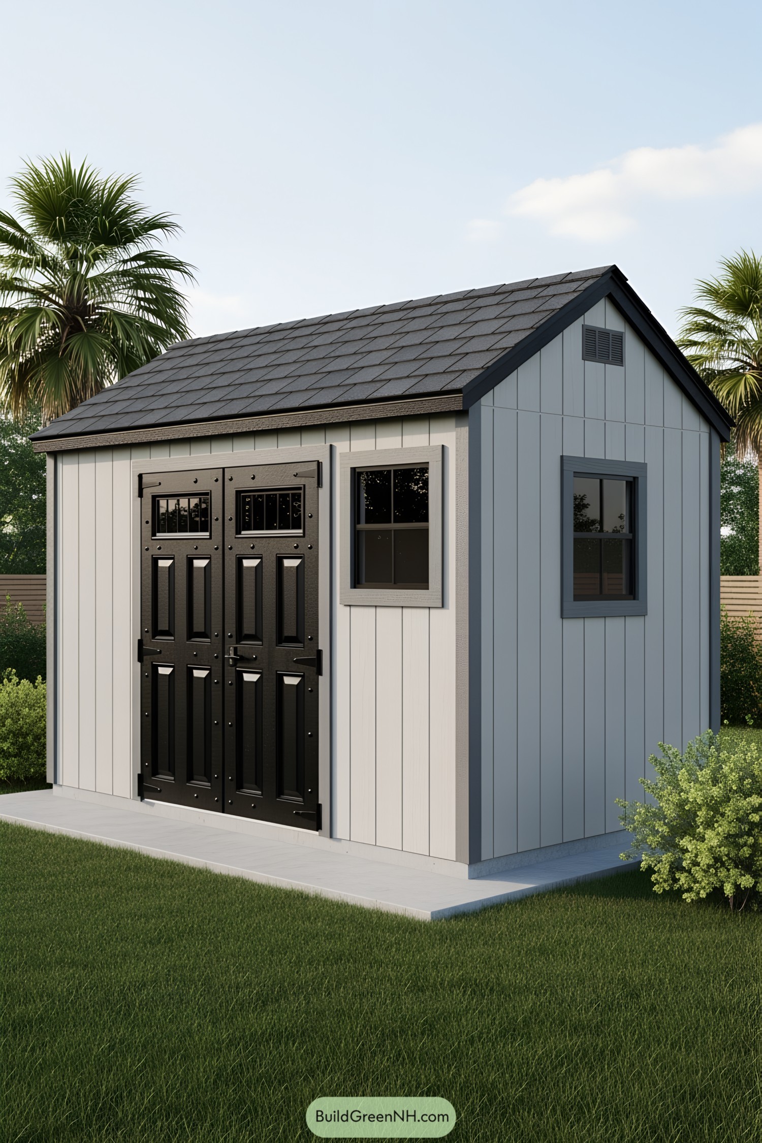 Small gray shed with black double doors