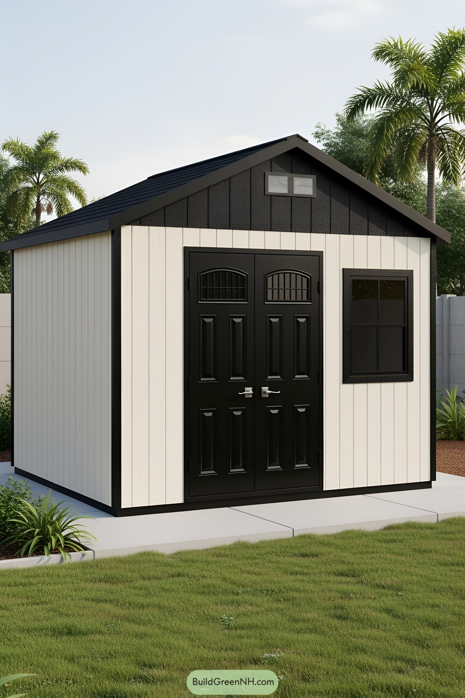 Backyard shed with black doors and white siding