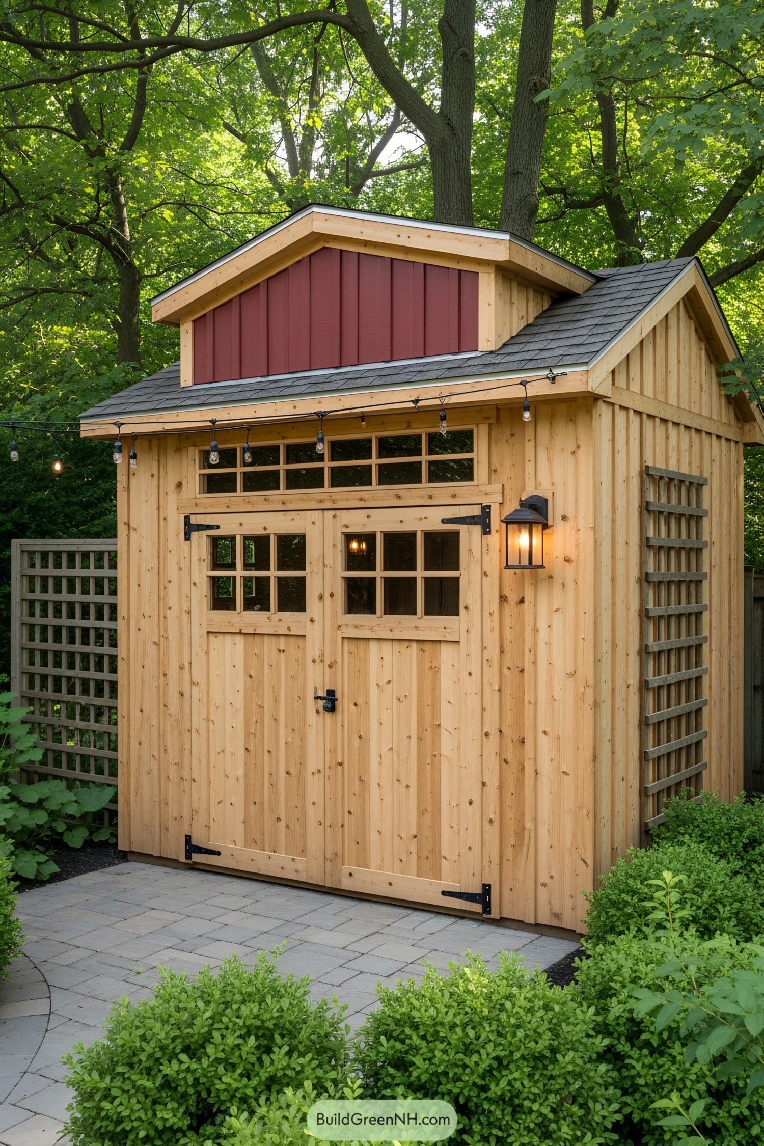 Charming wooden shed surrounded by greenery and fairy lights