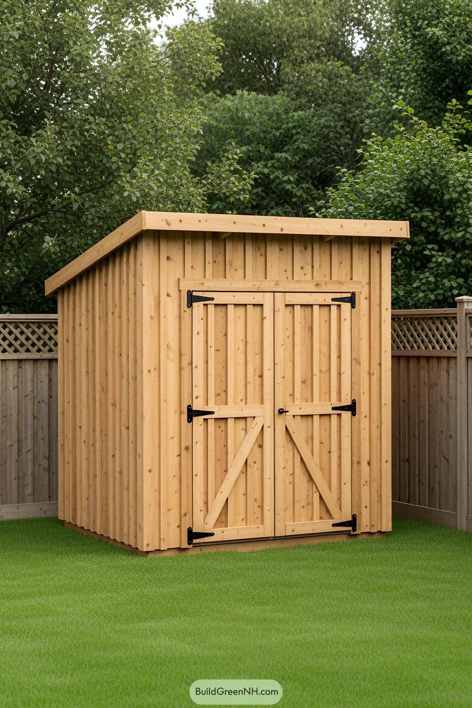Wooden shed nestled in a green backyard