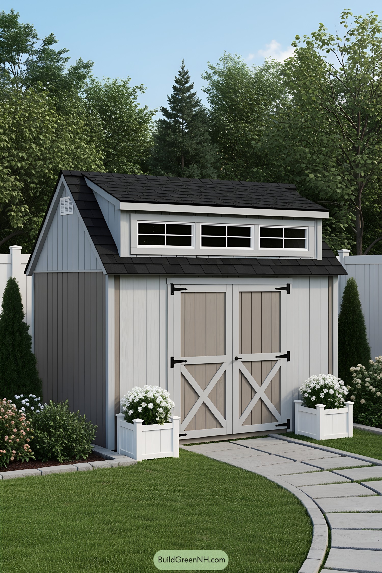 Small gray shed with double doors and upper windows