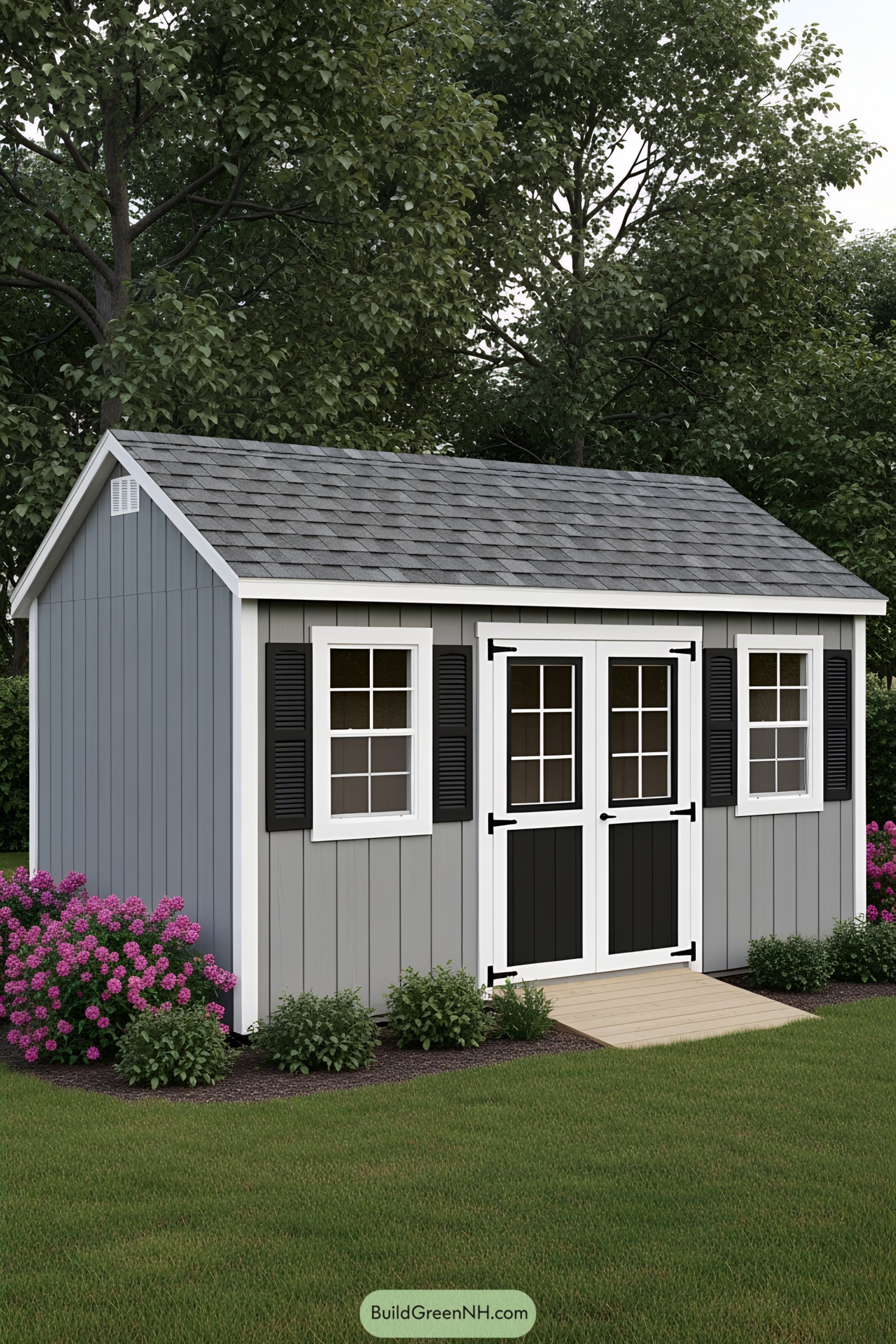 Gray wooden shed with white trim and black shutters