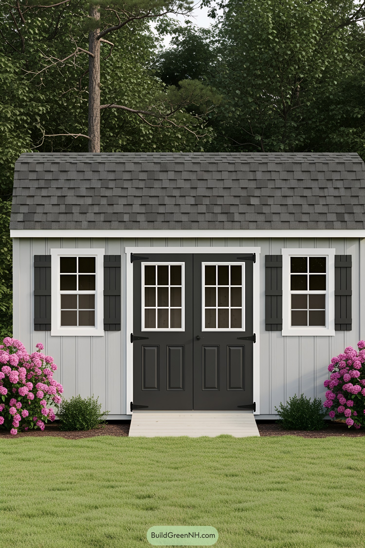 A gray shed with shutters and plants