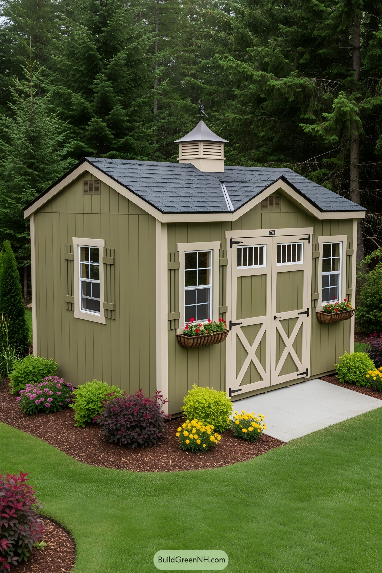 Green shed set against tall trees, surrounded by colorful plants