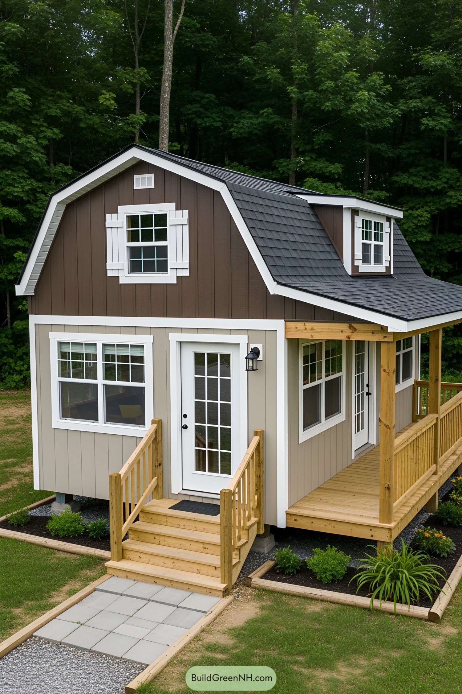 Brown barn tiny house with porch and steps