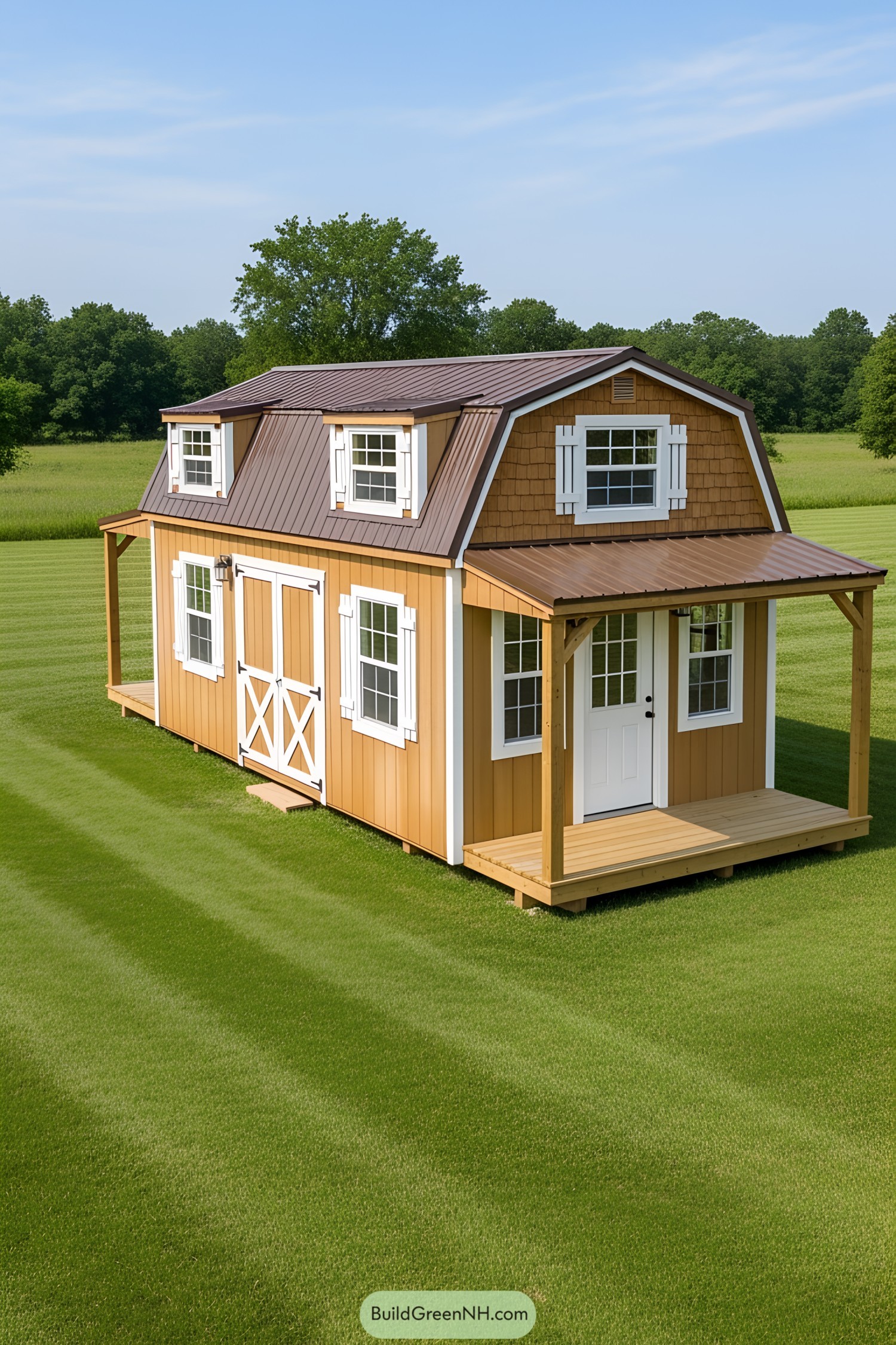 Small barn-style tiny house with a brown metal roof and cheerful yellow siding, surrounded by lush greenery