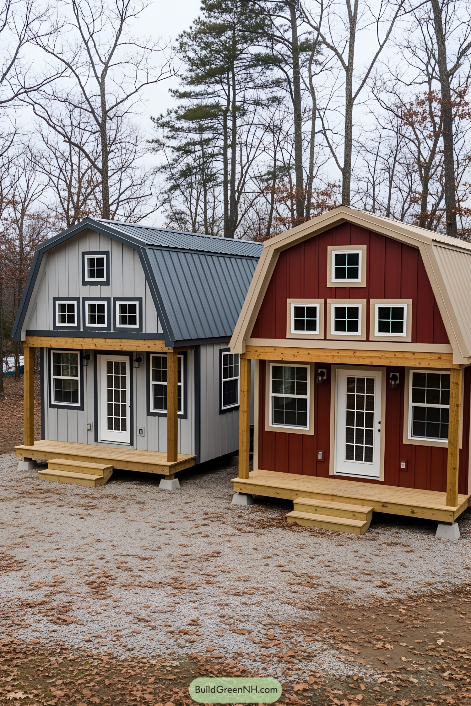 Two charming barn-style tiny houses side by side