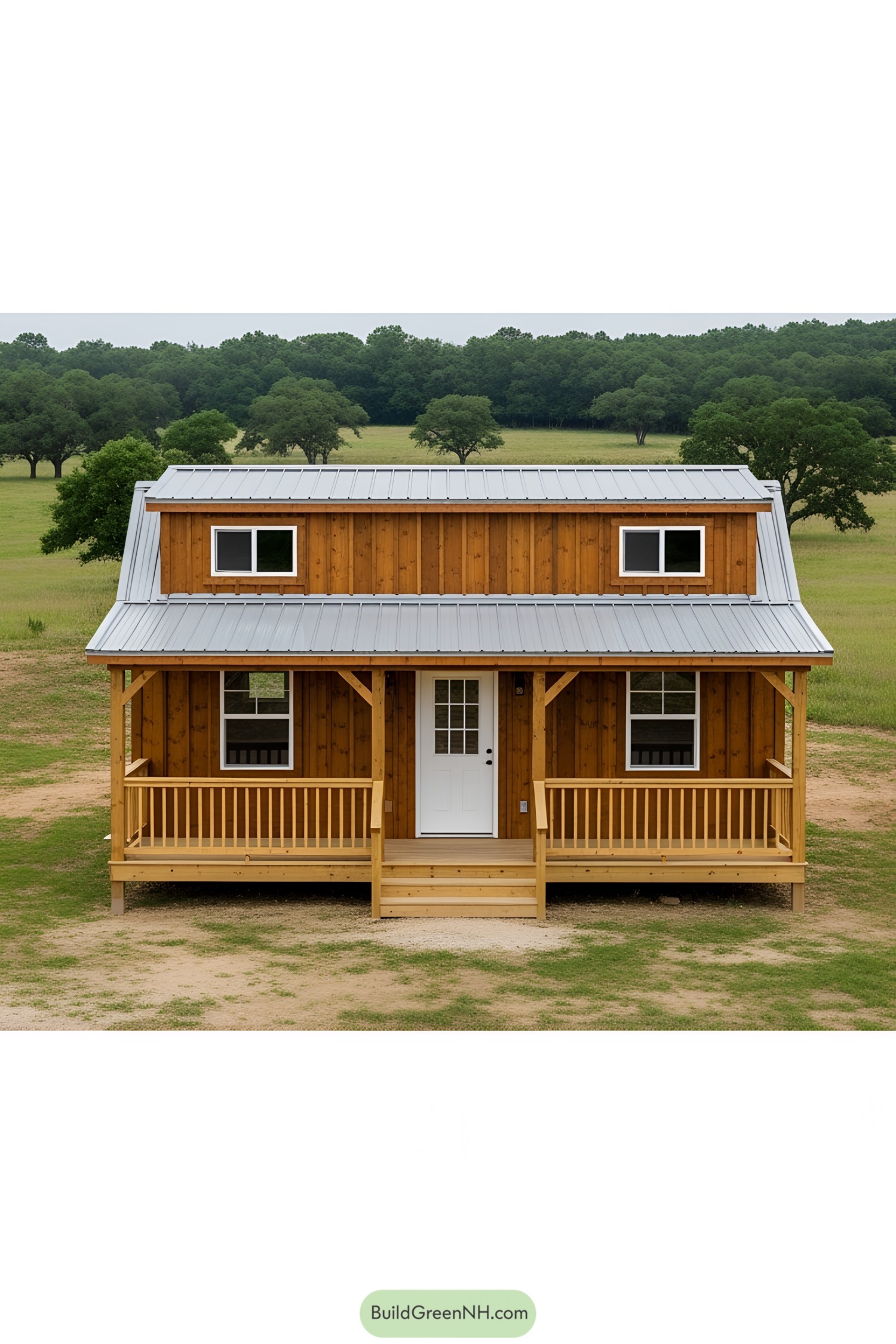 Wooden barn-style tiny house with a porch