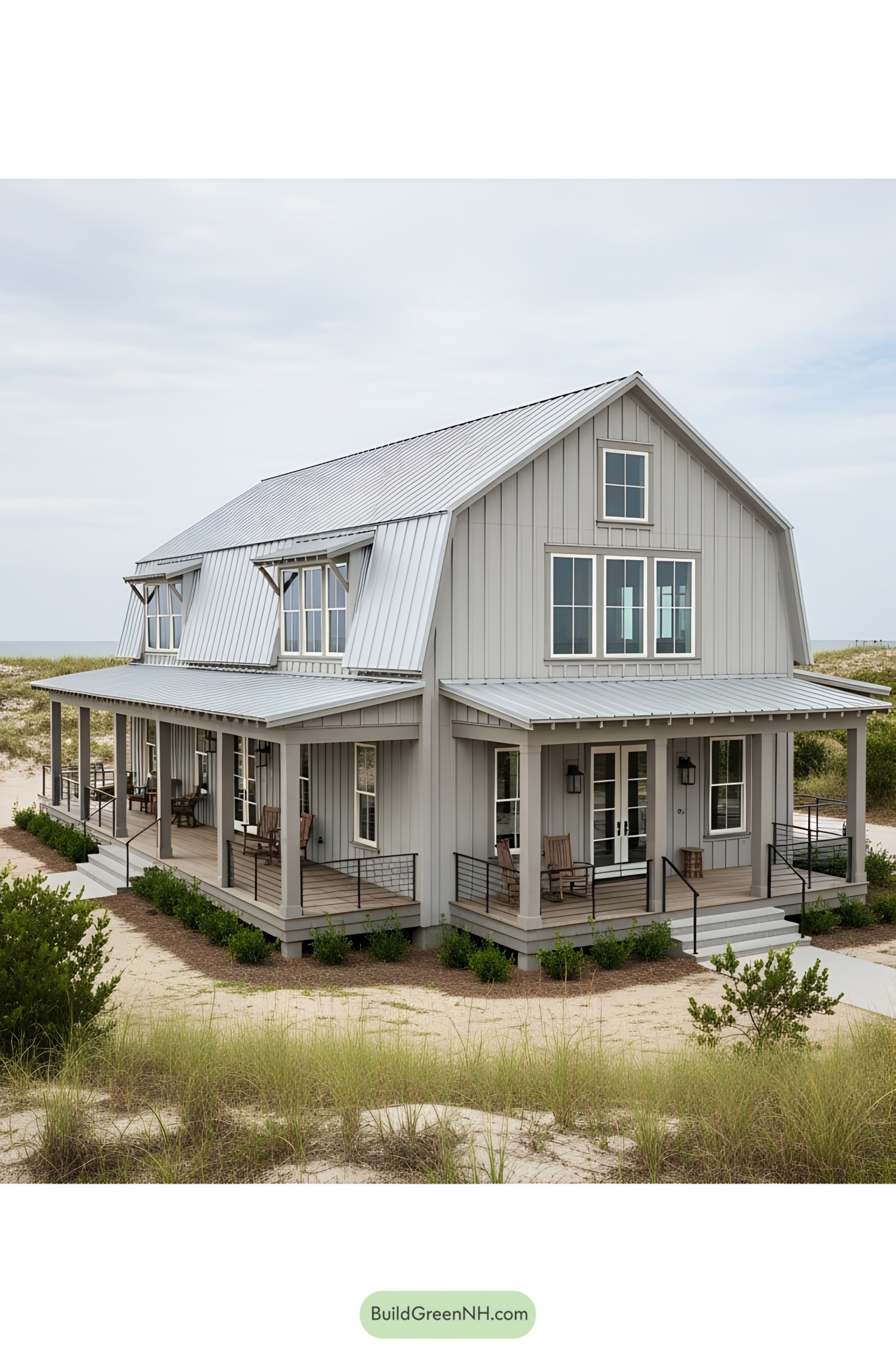 Beachside barndominium with a wraparound porch