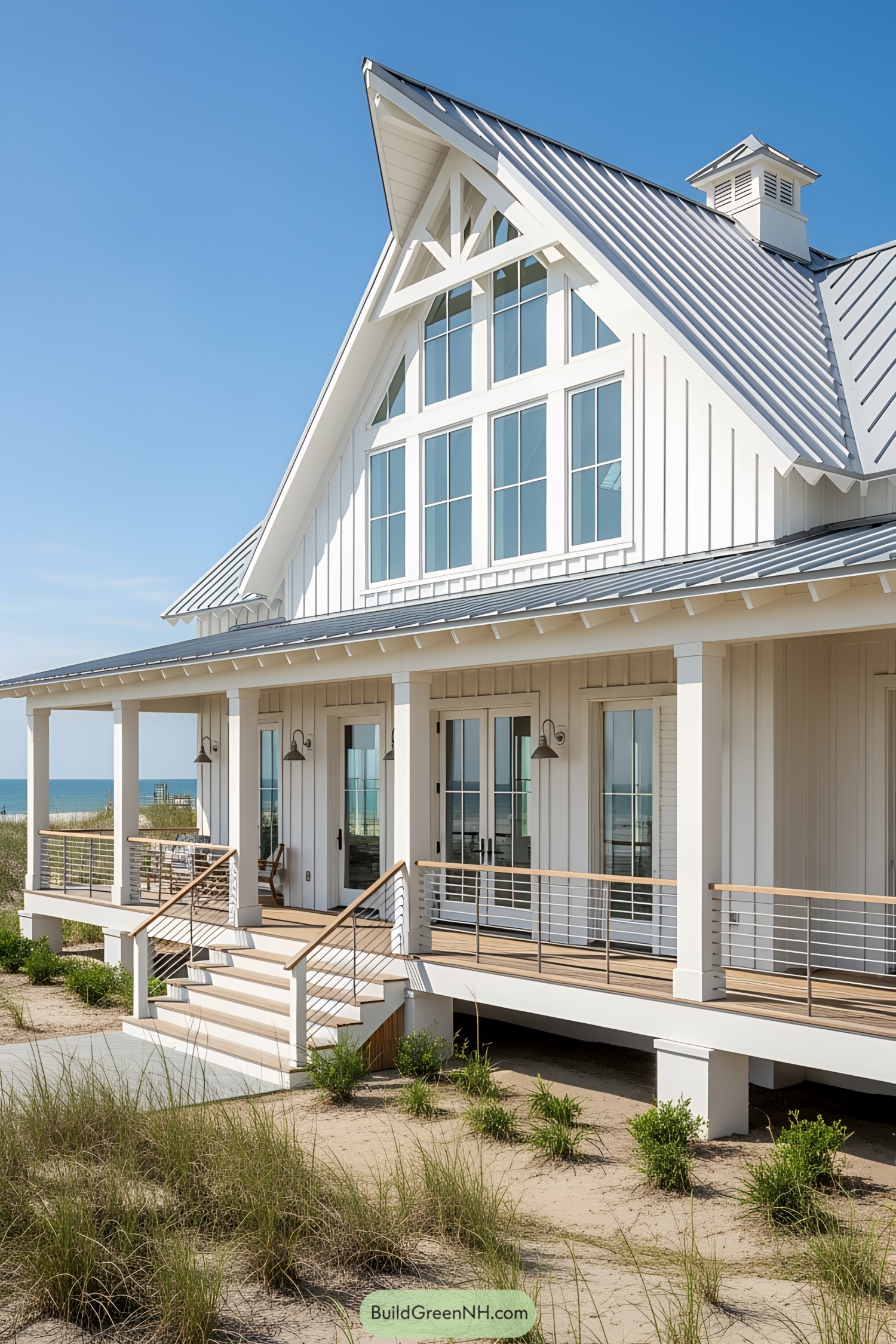 White barn-style home on the beach with blue skies