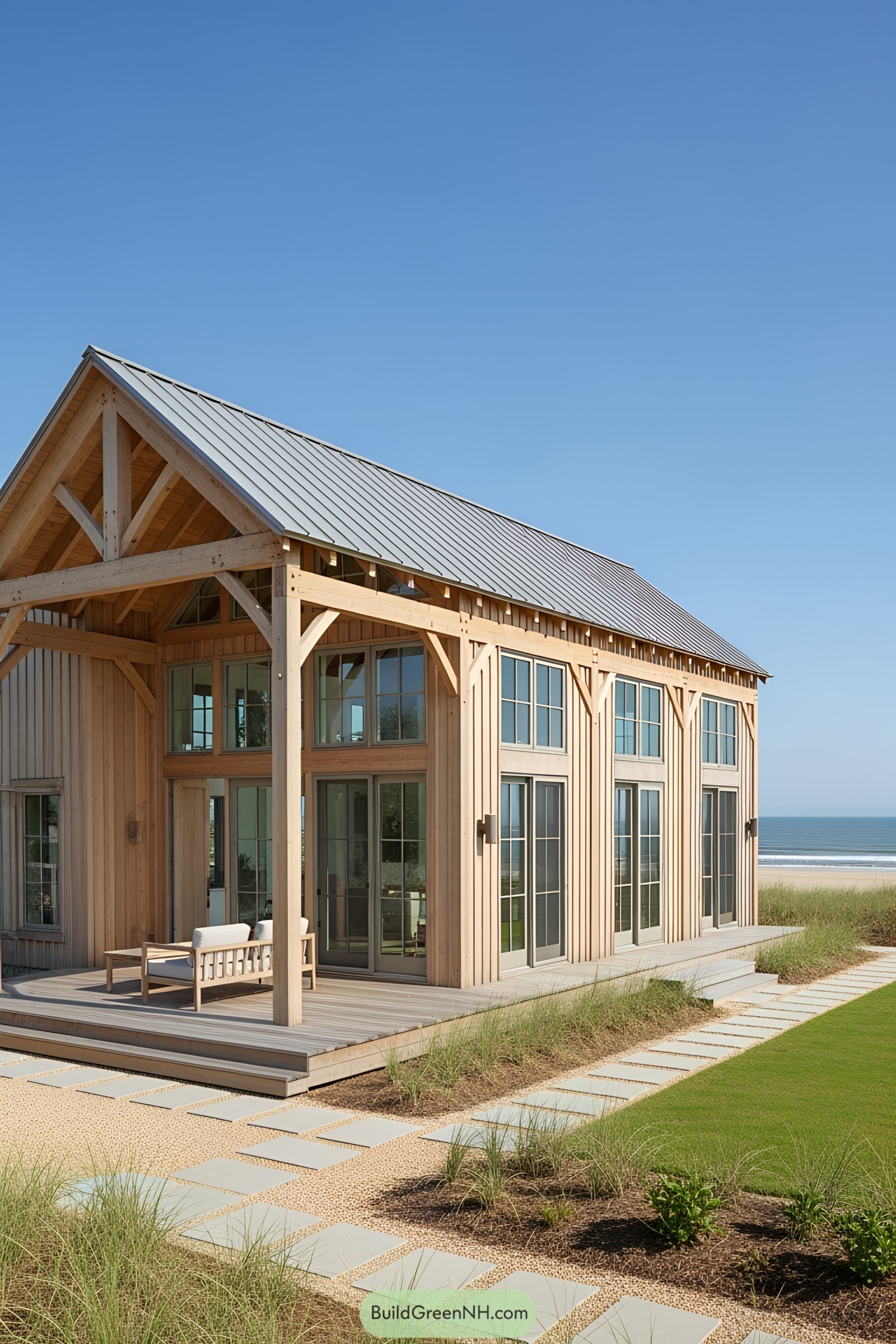 Wooden barndominium with large windows by the beach