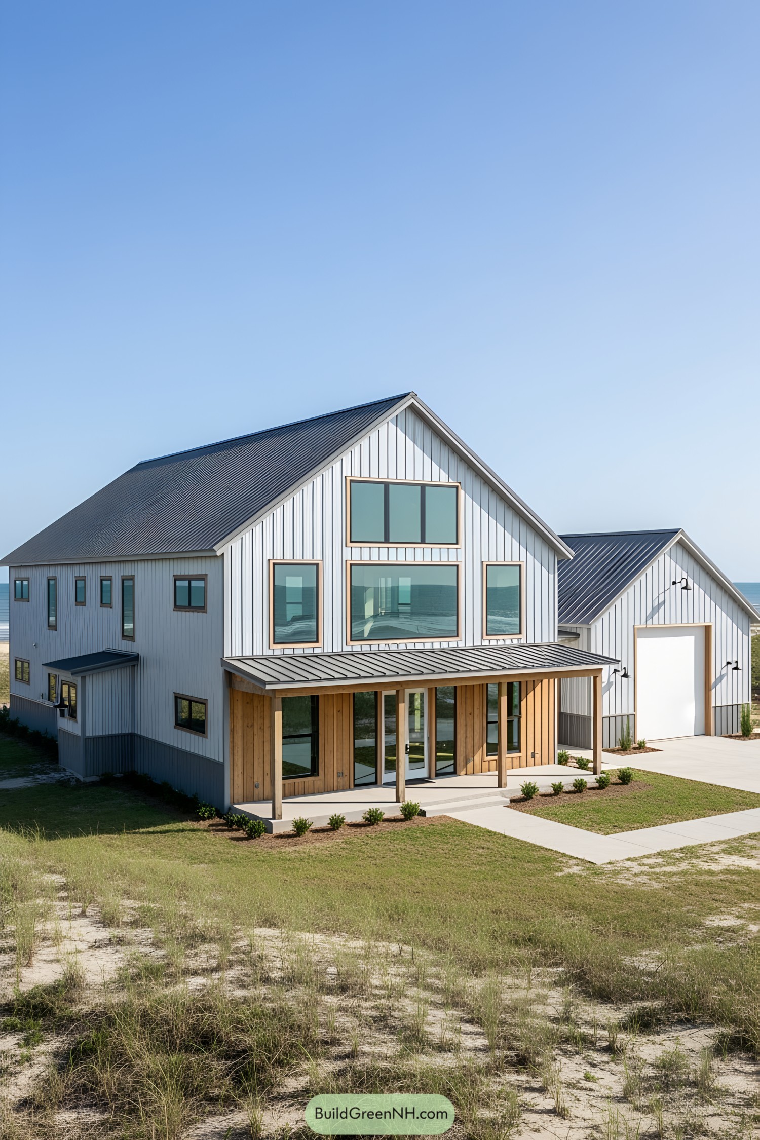 Modern beachside barndominium with large windows