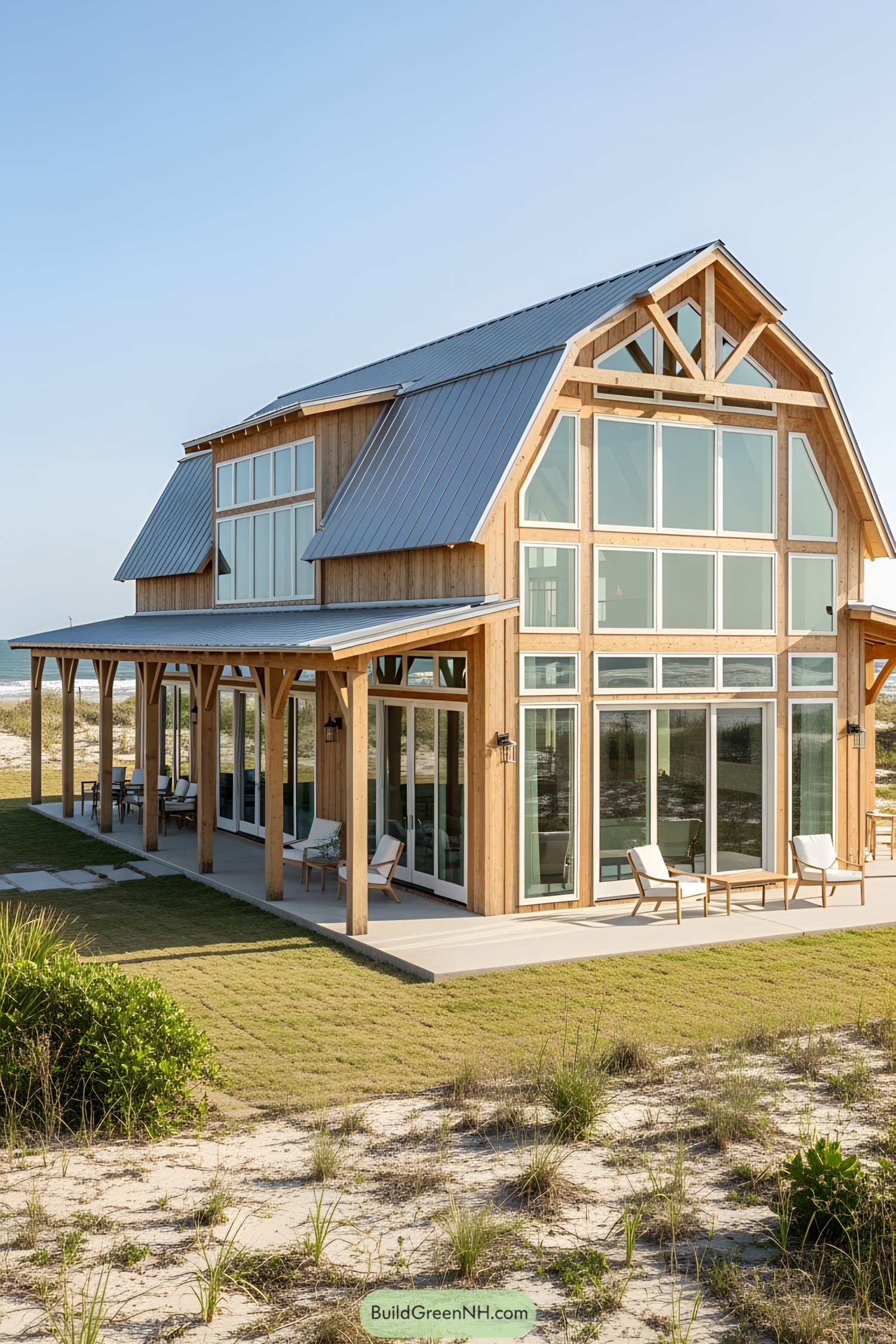 Barndominium on the beach with large windows and a porch