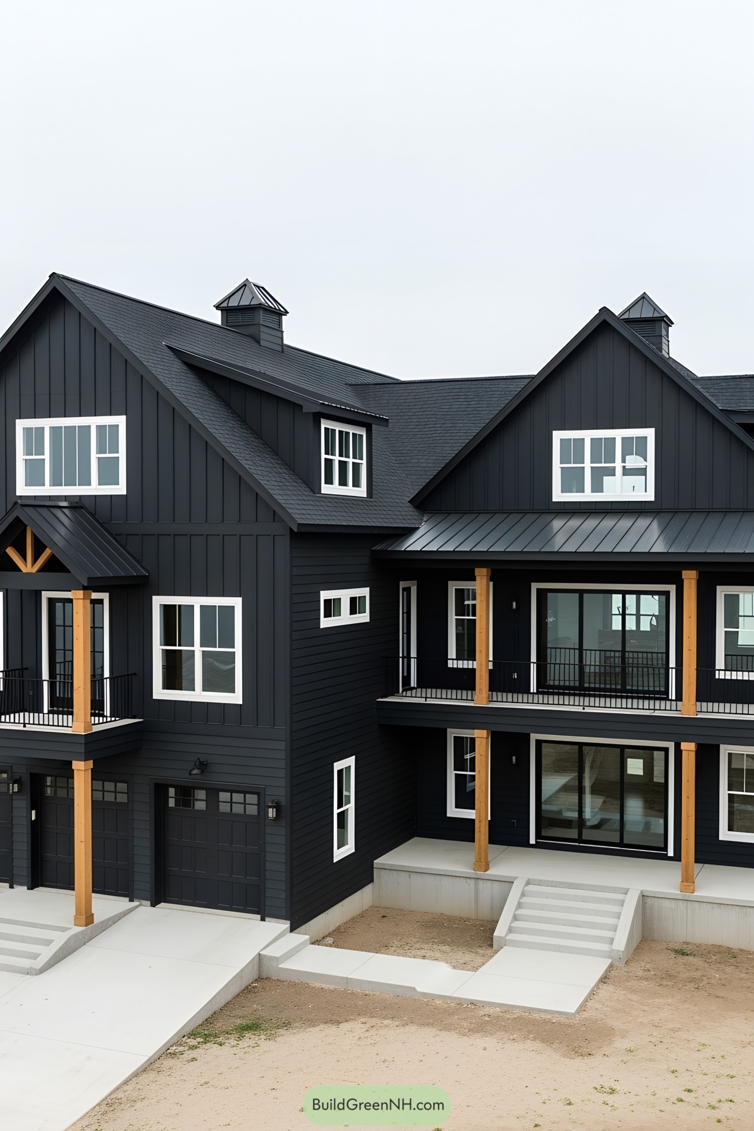 Stylish black barndominium with wooden accents