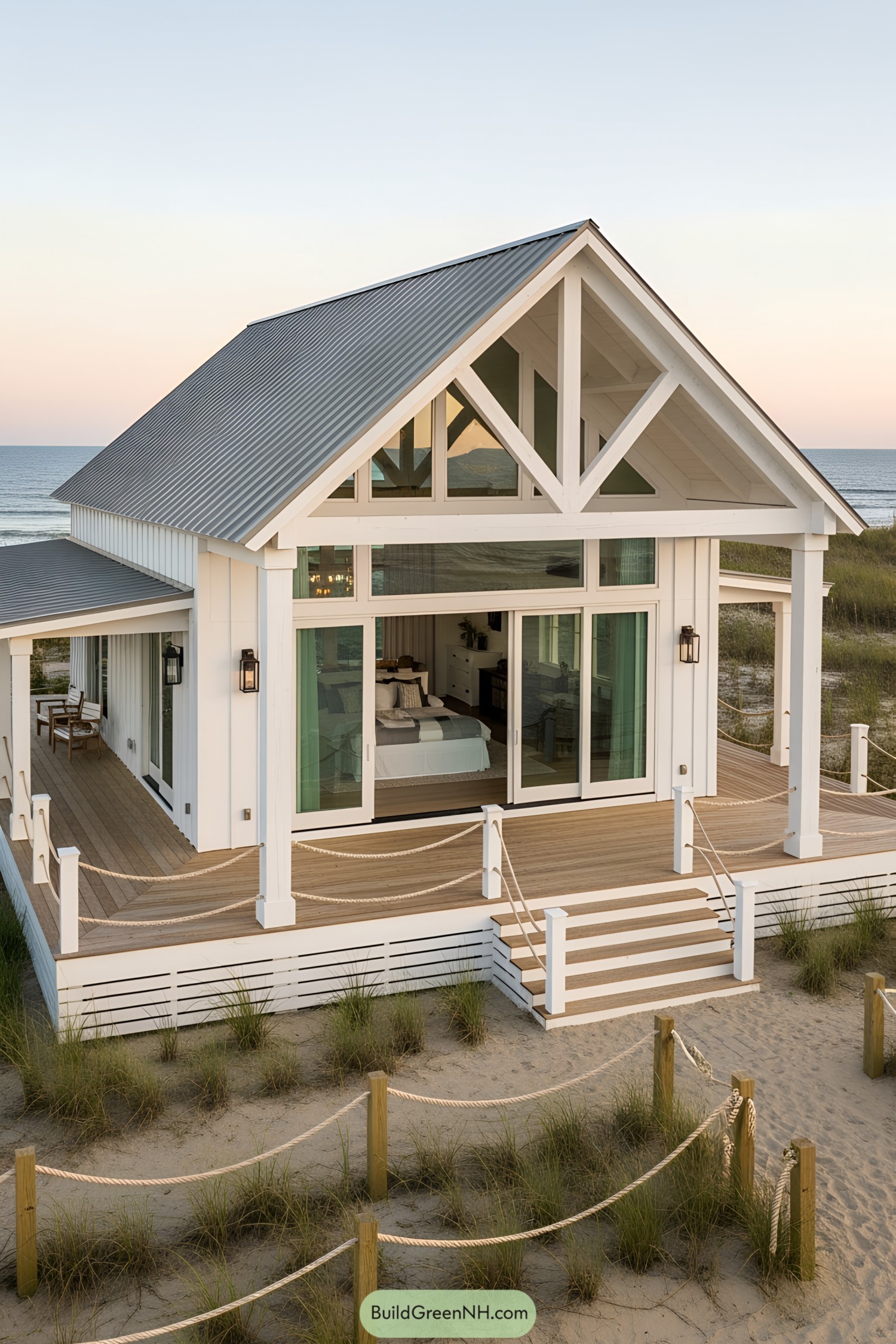 Modern white beach house with large windows and deck