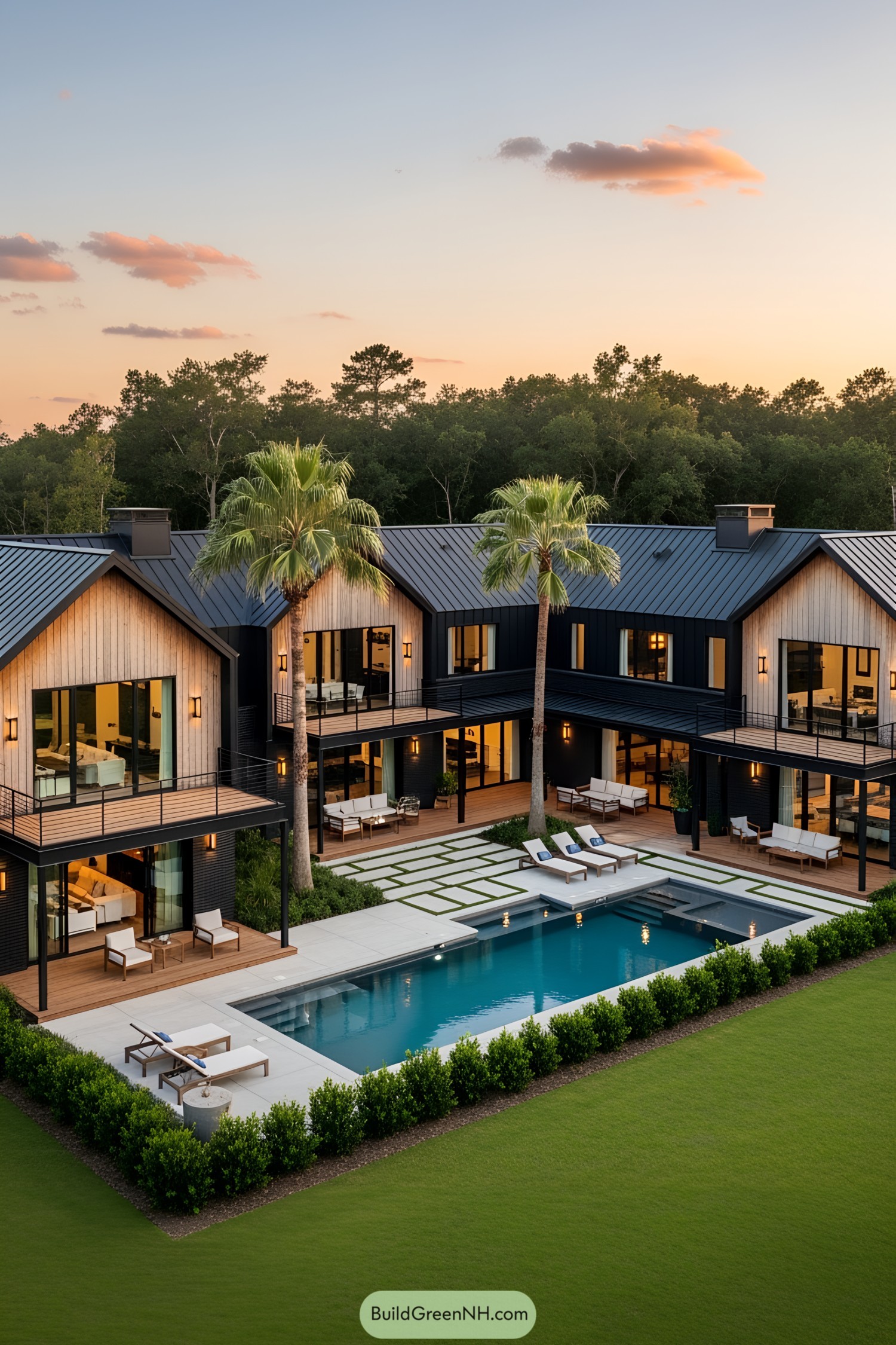 Spacious barndominium mansion with a pool and palm trees