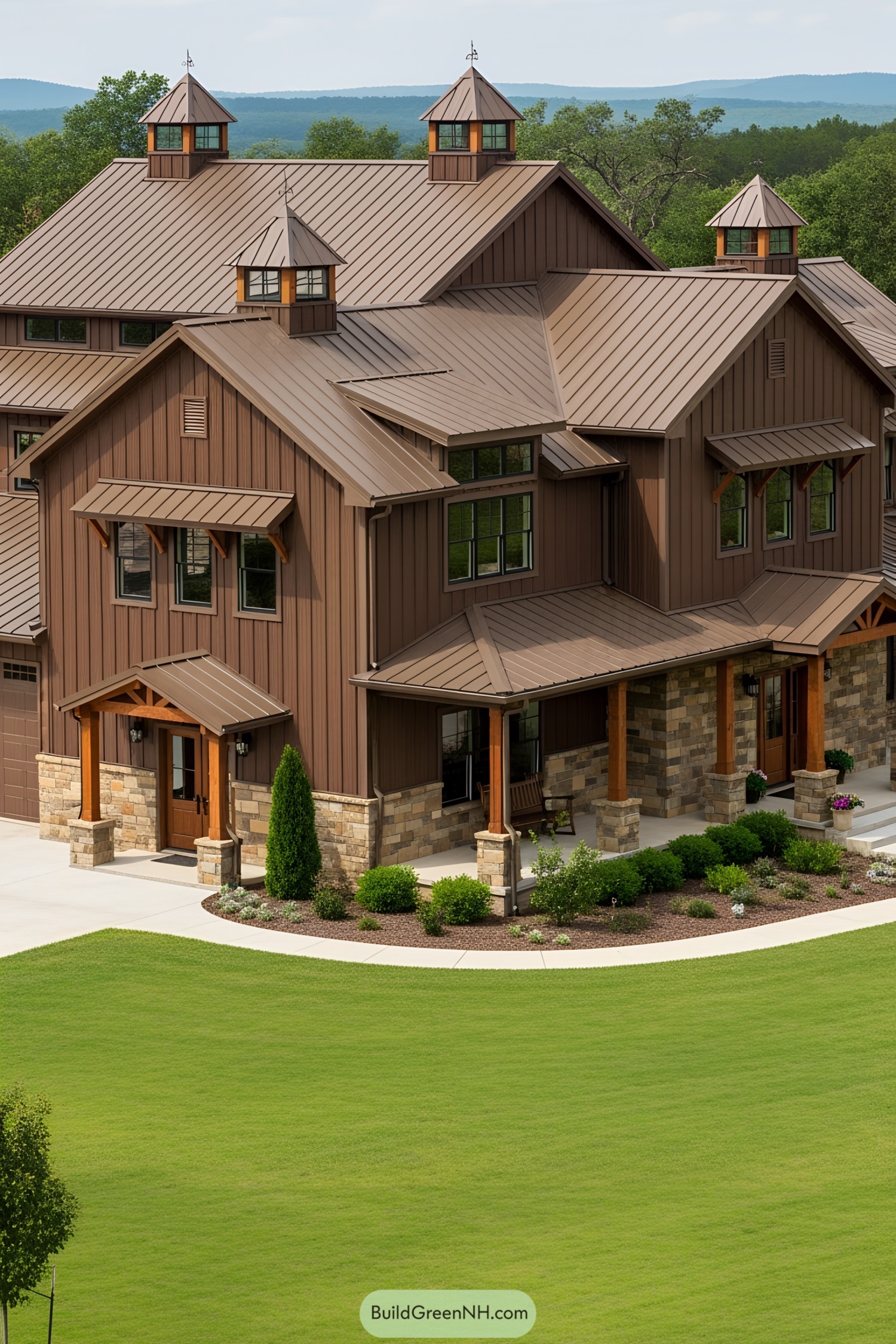 Elegant barndominium mansion with sprawling lawn