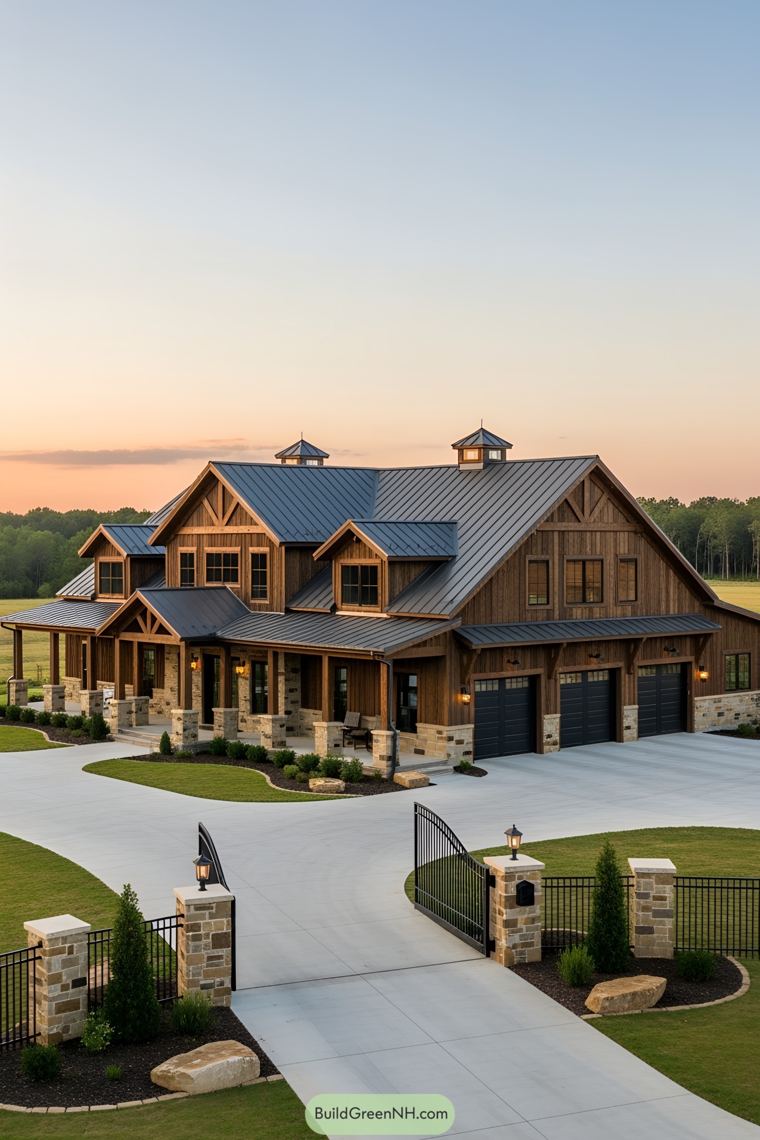 Sprawling barn-style mansion with lush greenery