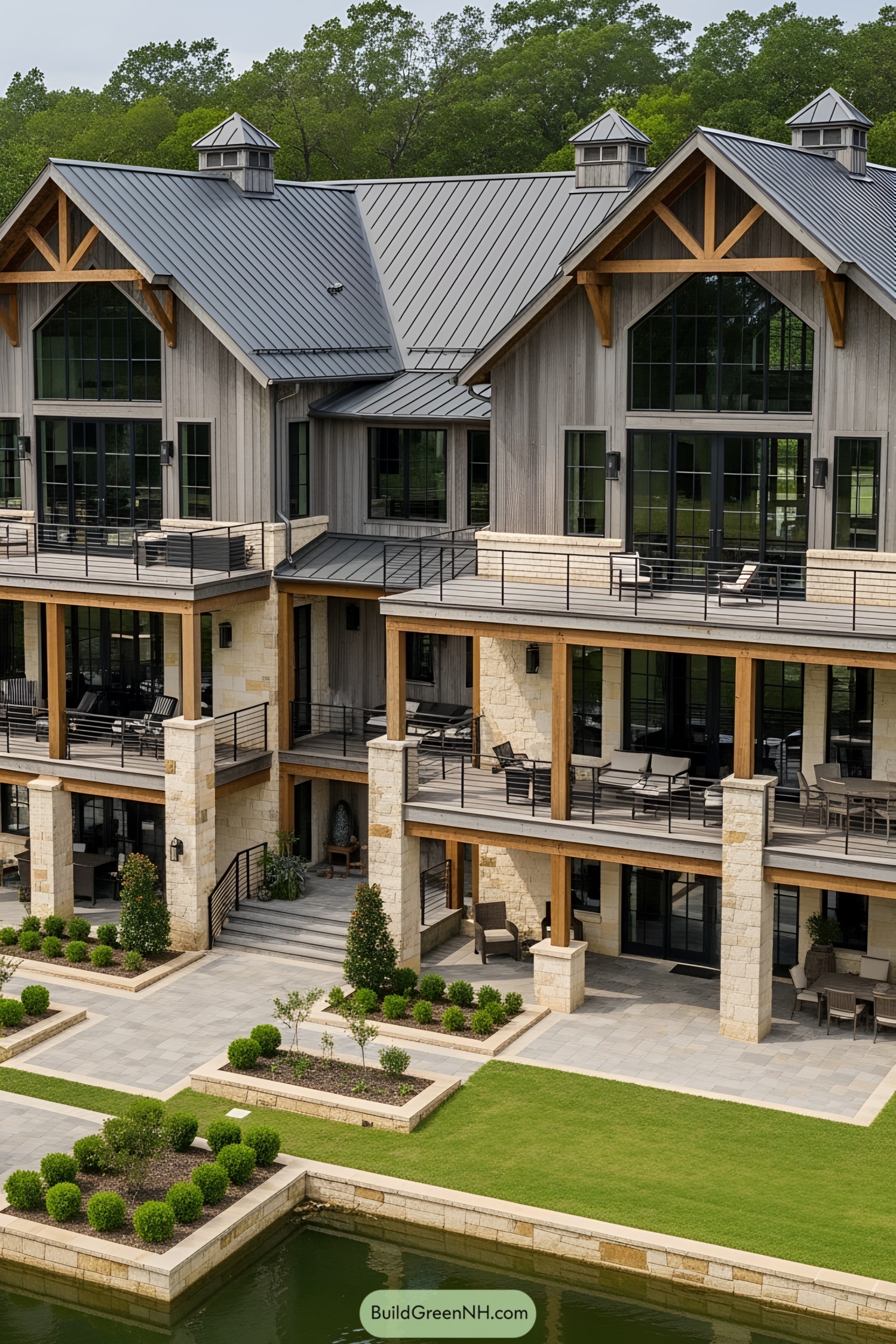 Sprawling luxury barn-style home with a lush garden