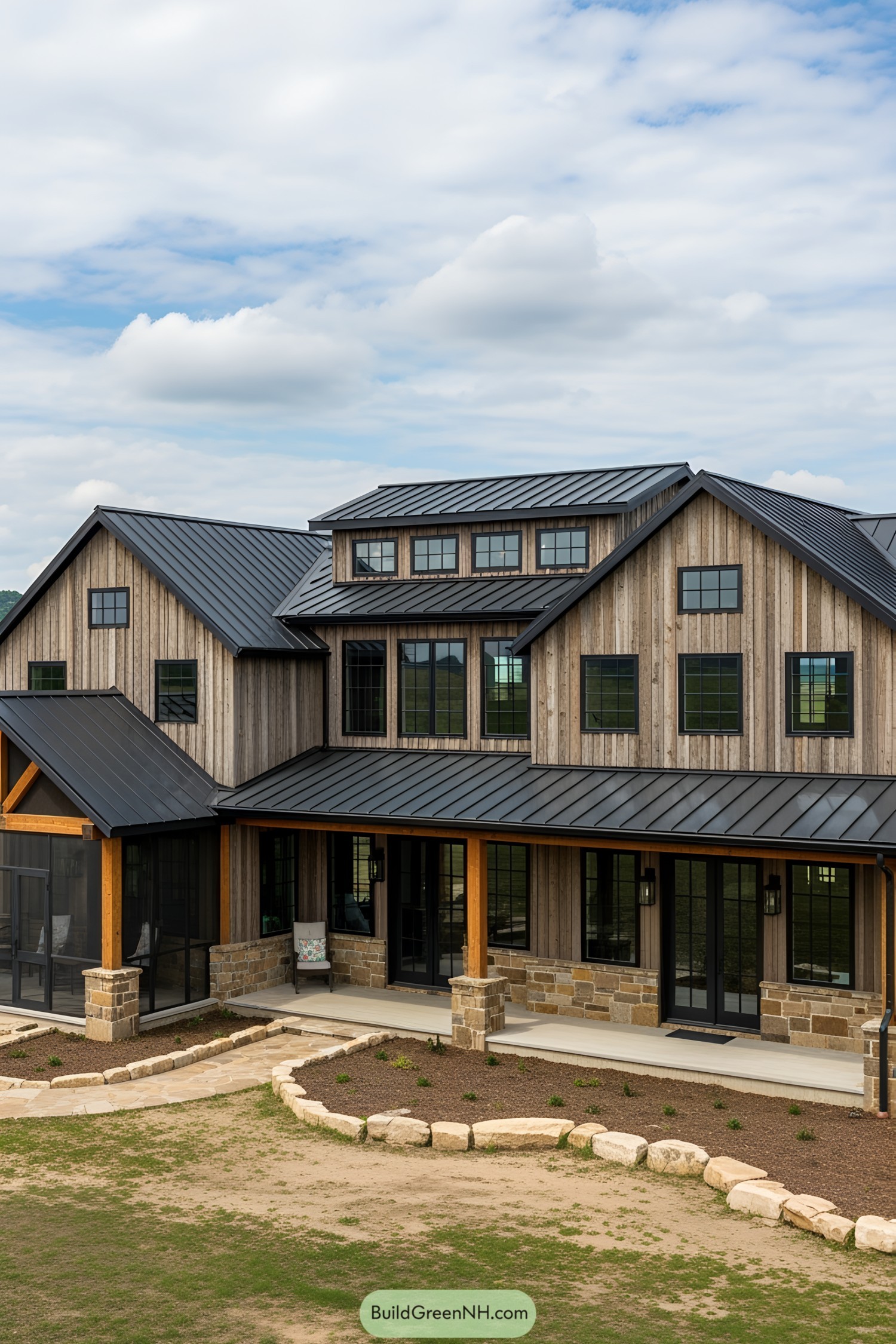 Barndominium mansion with stone and metal accents under a cloudy sky