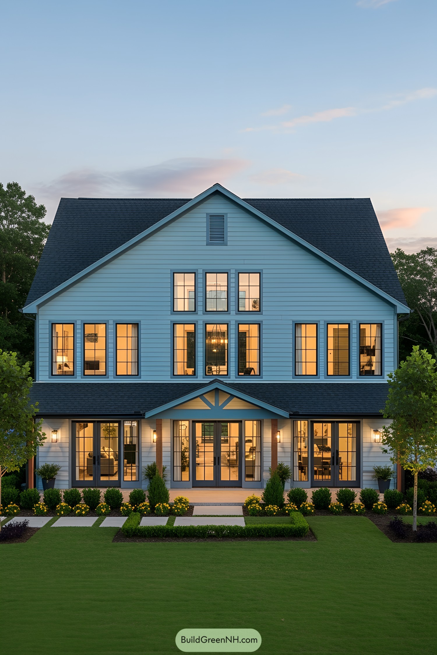 Modern and spacious barnhouse with large windows and a beautiful lawn