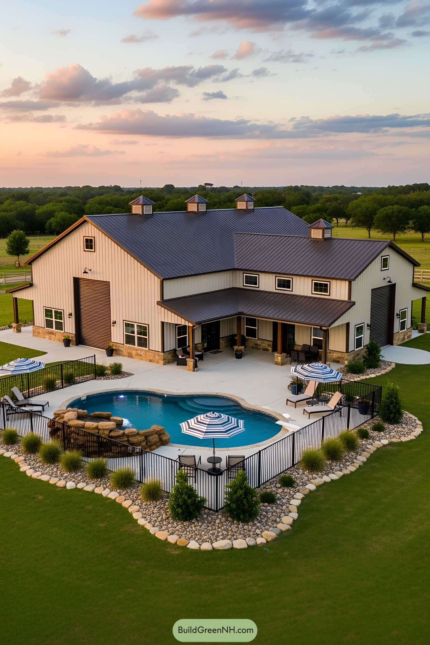 Barndominium with a pool and bright umbrellas