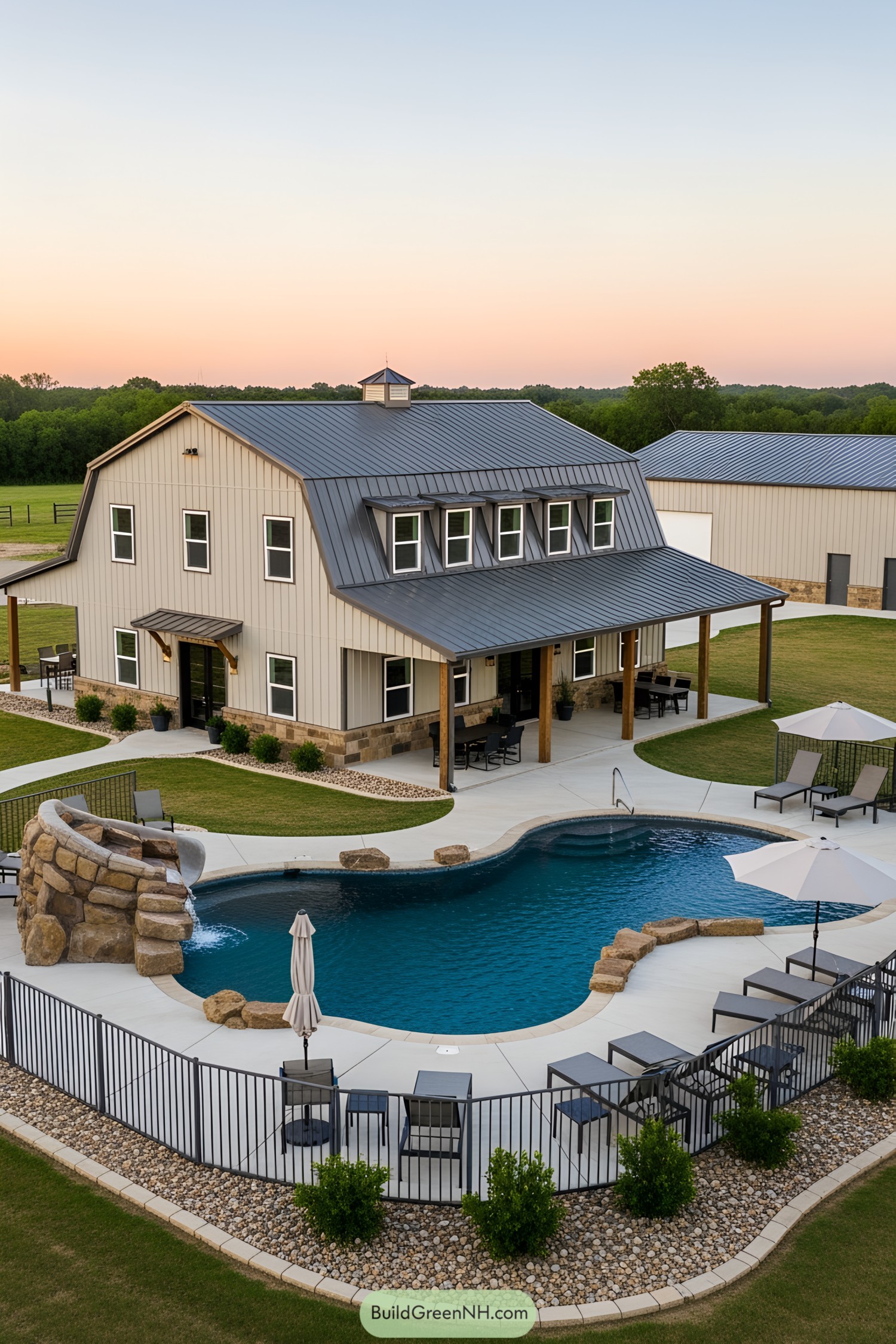 Barndominium with a modern pool and seating area