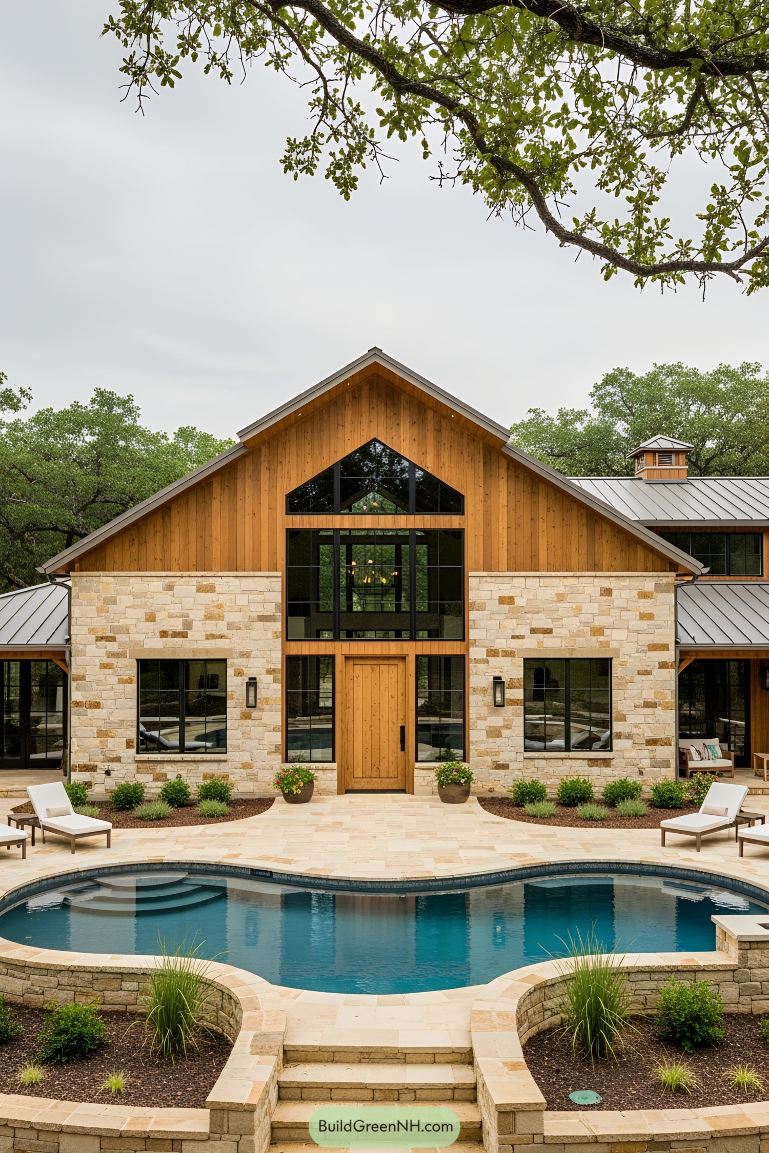 Barndominium with pool and cozy outdoor seating