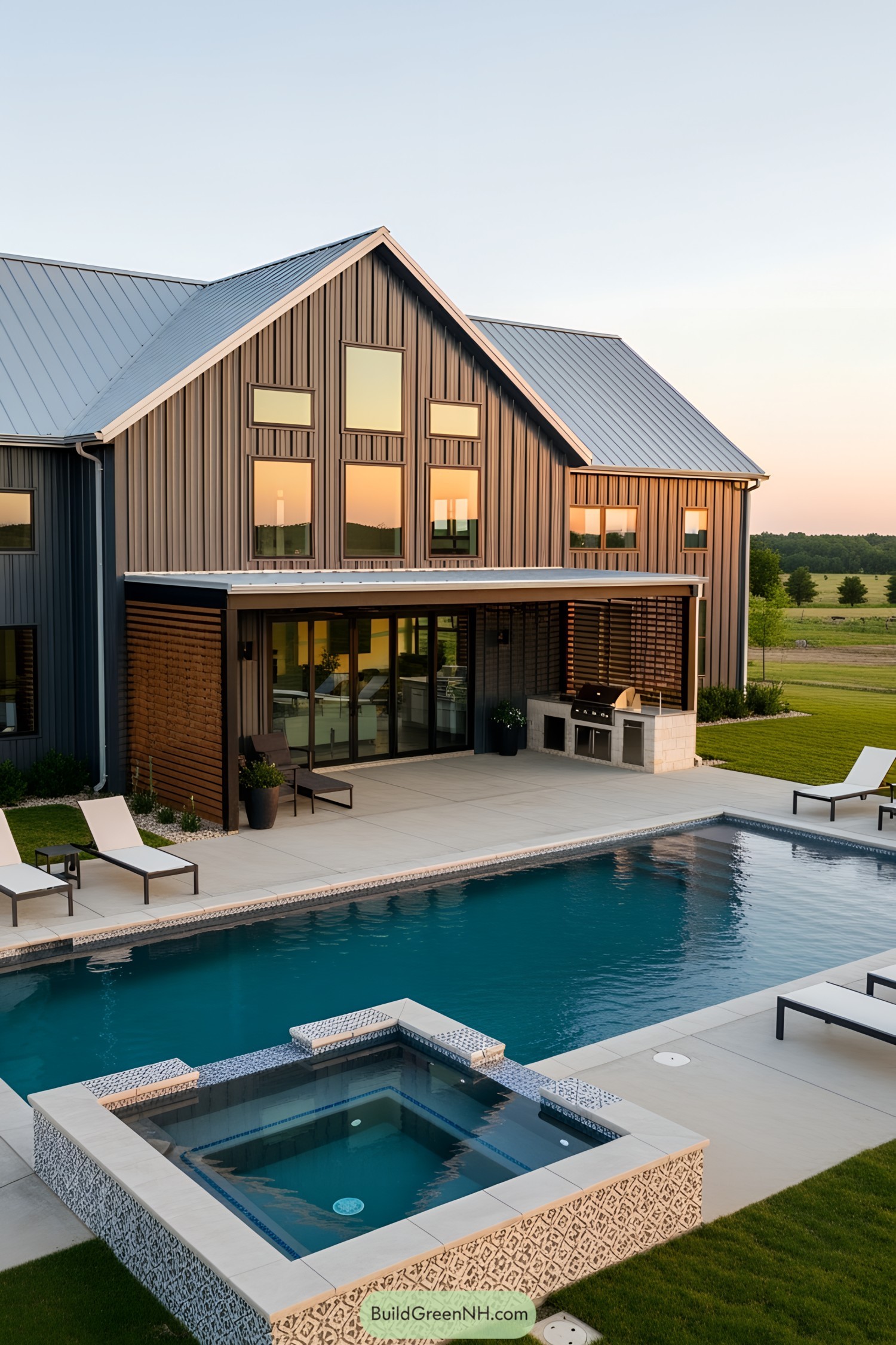 Modern barndominium with pool in the foreground