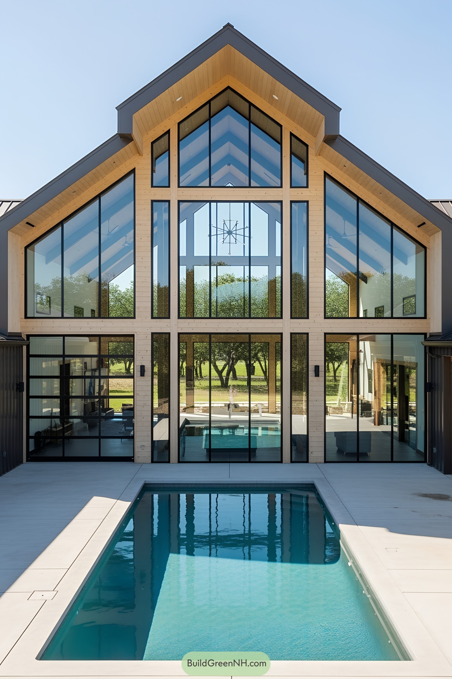 Barndominium exterior with sleek pool