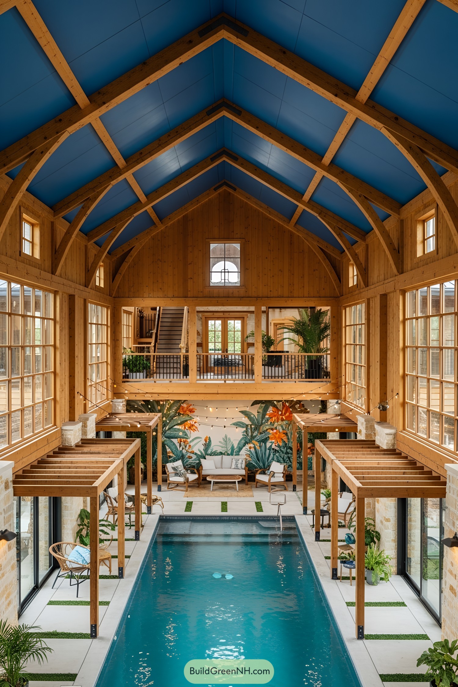 Indoor pool with rustic wood beams and seating area