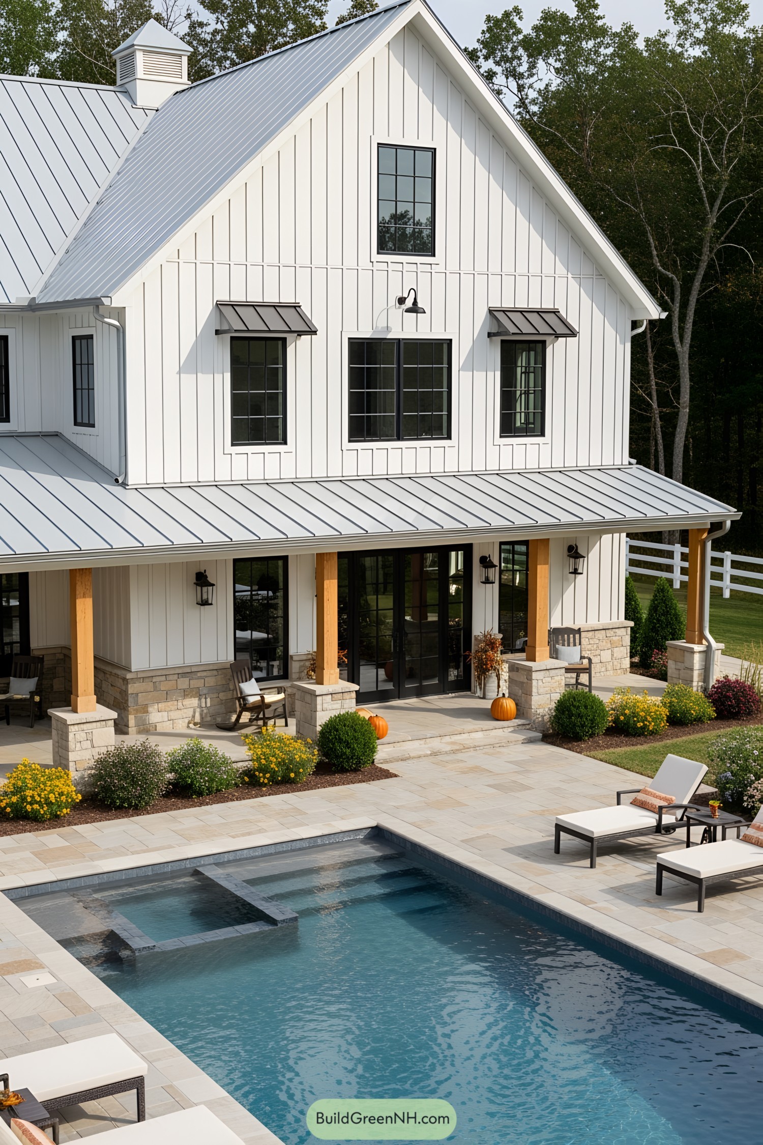 Rustic barndominium with a charming pool