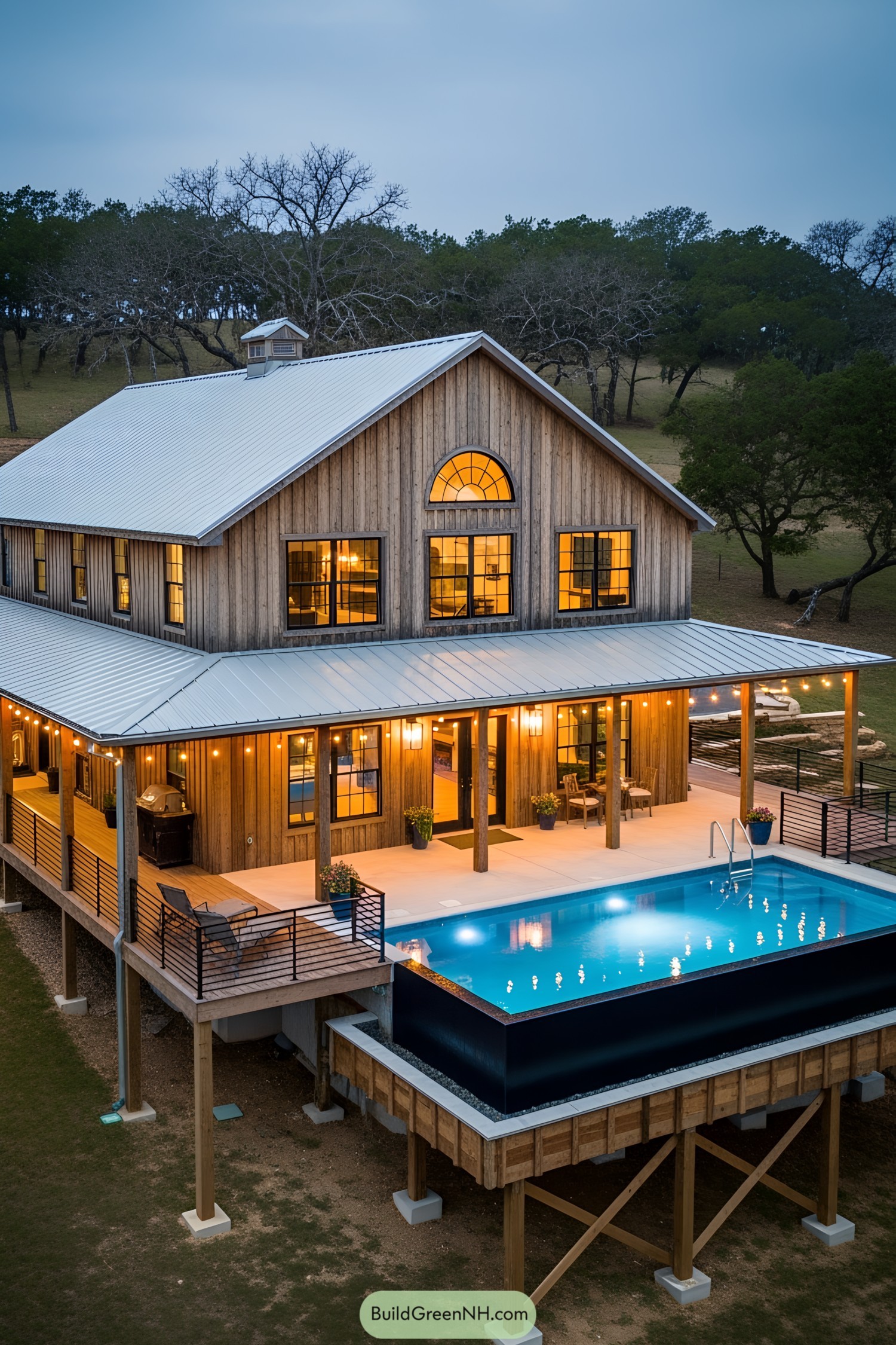 Rustic barndominium with elevated pool