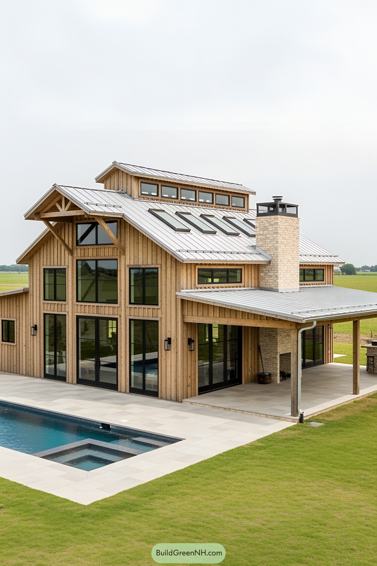 Wooden barn with sleek pool in a wide-open field